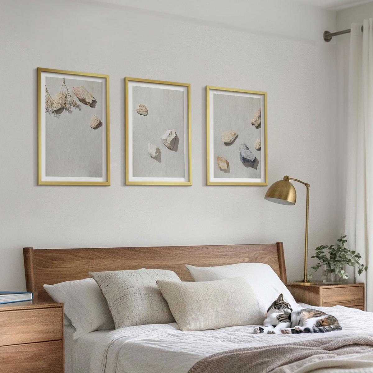 BILDER SET 3er Set - 40x60 cm Goldrahmen - Boho-Stranddekorationen aus Steinen - Goldfarben, Kunststoff (40/60cm) - TULUP