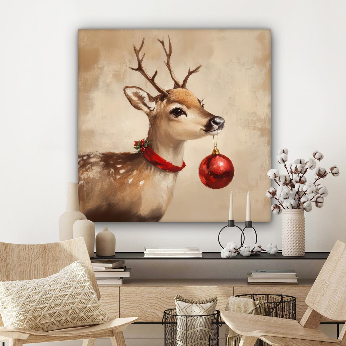 LEINWANDBILD Weihnachten - Hirsch - Geweih - Weihnachtskugel - Rentier Deko Groß 90x90 cm - Hellbraun, Textil (90/90cm) - MuchoWow