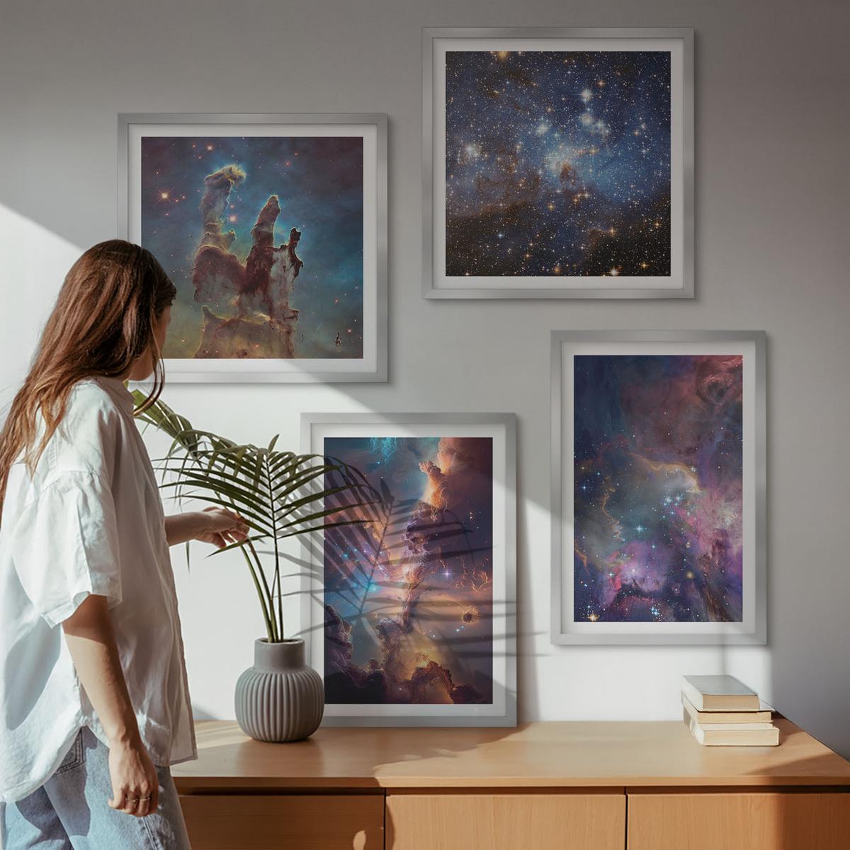 BILDER SET 4er Set - 50x50 cm & 40x60 cm Silberner Rahmen - Kosmische Sternenlandschaften - Silberfarben, Kunststoff (50/50cm) - TULUP