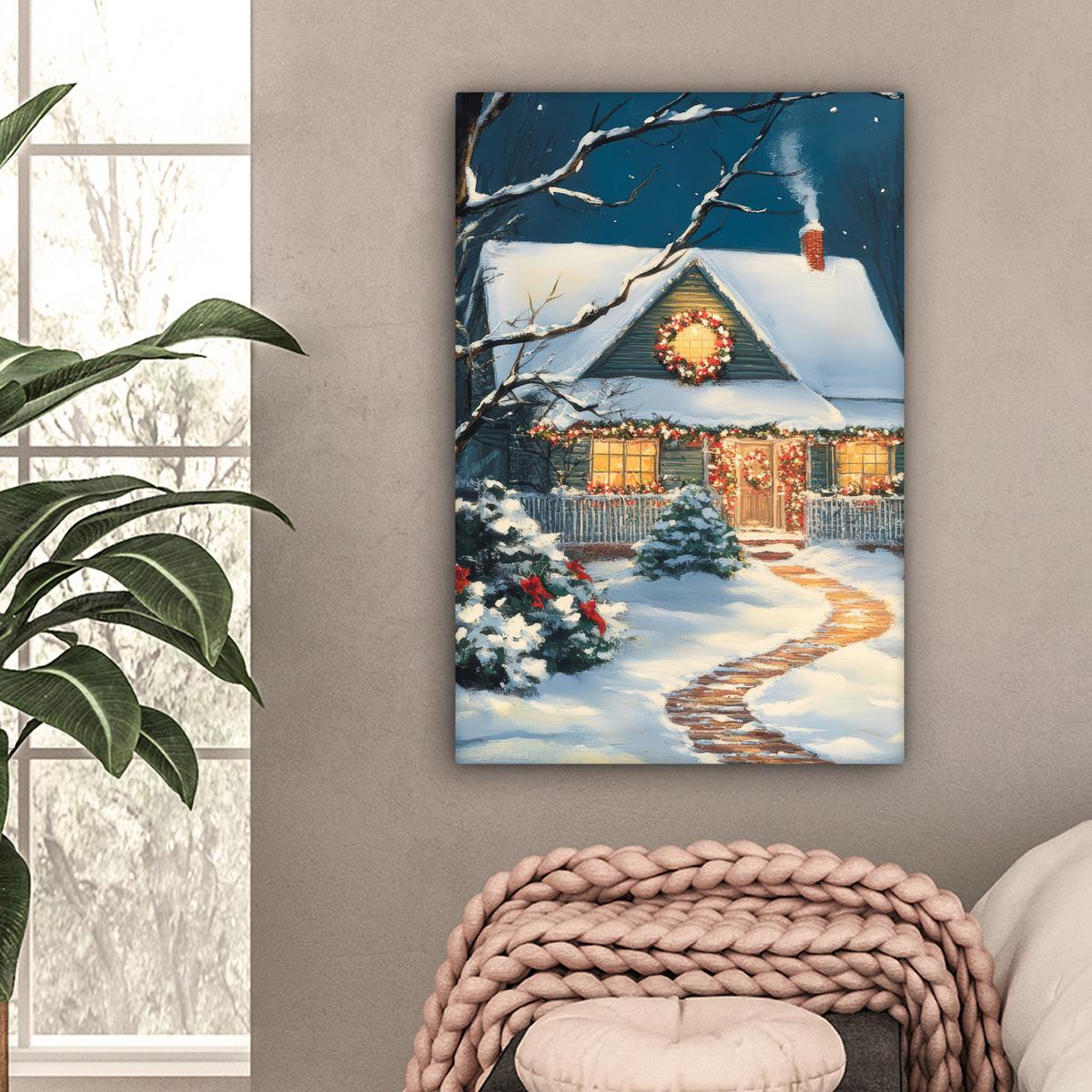 LEINWANDBILD Weihnachten - Weihnachtsbaum - Winter - Zuhause - Schnee Wanddeko 40x60 cm - Smaragdgrün, Textil (40/60cm) - MuchoWow