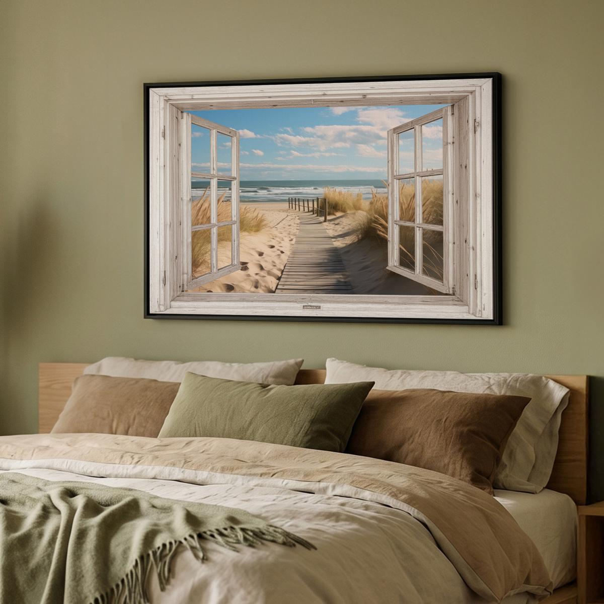 LEINWAND Bilder mit Rahmen - Fenster - Meer - Küste - Natur - Ausblick - Strand - Wattenmeer - 90x60 - Beige, Textil (90/60cm) - MuchoWow