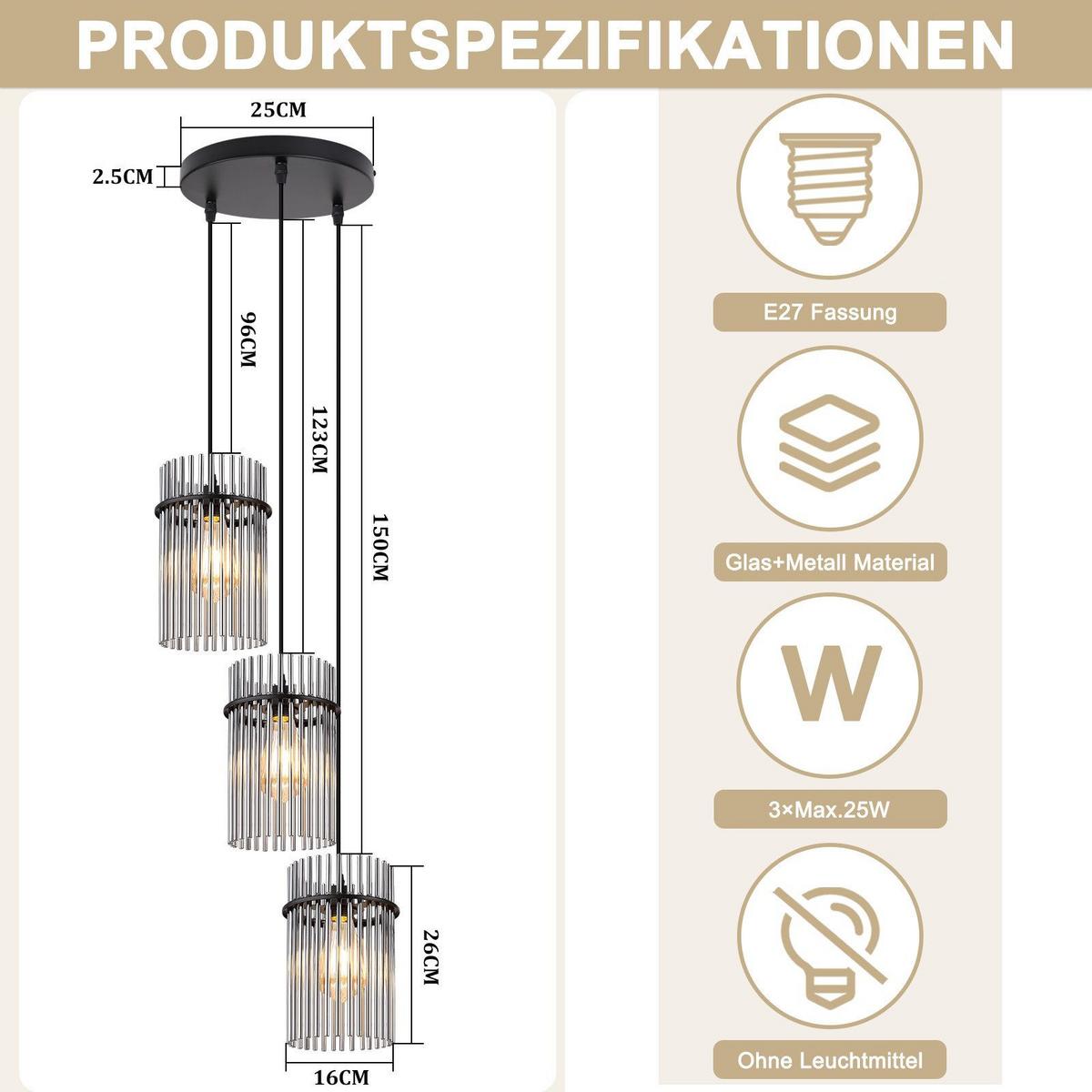PENDELLEUCHTE BEATRIX Ⅲ 25/25/150 cm - Schwarz, Metall (25/25/150cm) - Nettlife
