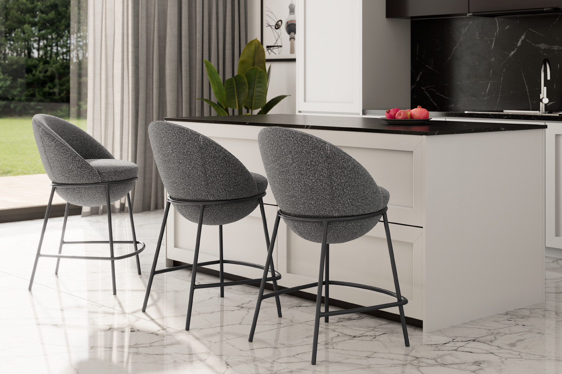 Graue Barhocker mit schwarzen Füßen auf Marmorboden