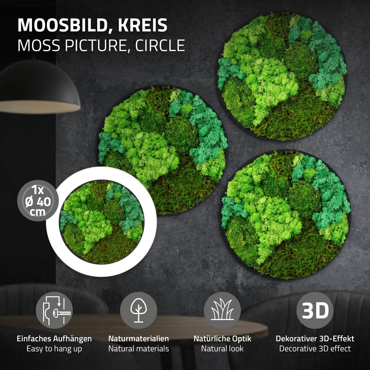 MOOSBILD Rund Ø 40 cm Mooswand Indoor mit echtem Kugelmoos-Islandmoos-Flachmoos-Mix und Holzrahmen Grün - Waldgrün, Naturmaterialien (40/40/3cm) - ECD-Germany