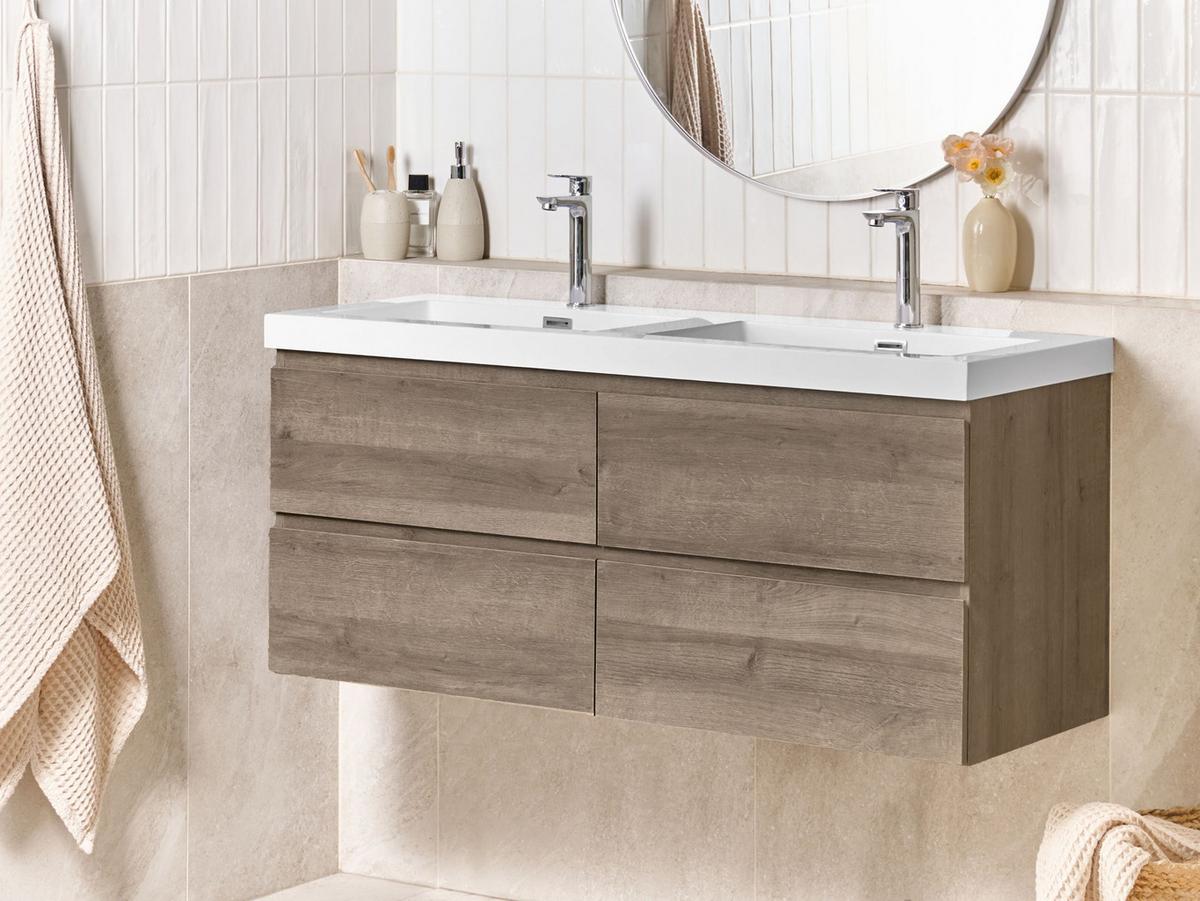 WASCHBECKENUNTERSCHRANK wandmontiertk mit Doppelwaschbecken Taupe Viedma - Taupe, Holzwerkstoff (120/52/46cm) - Beliani