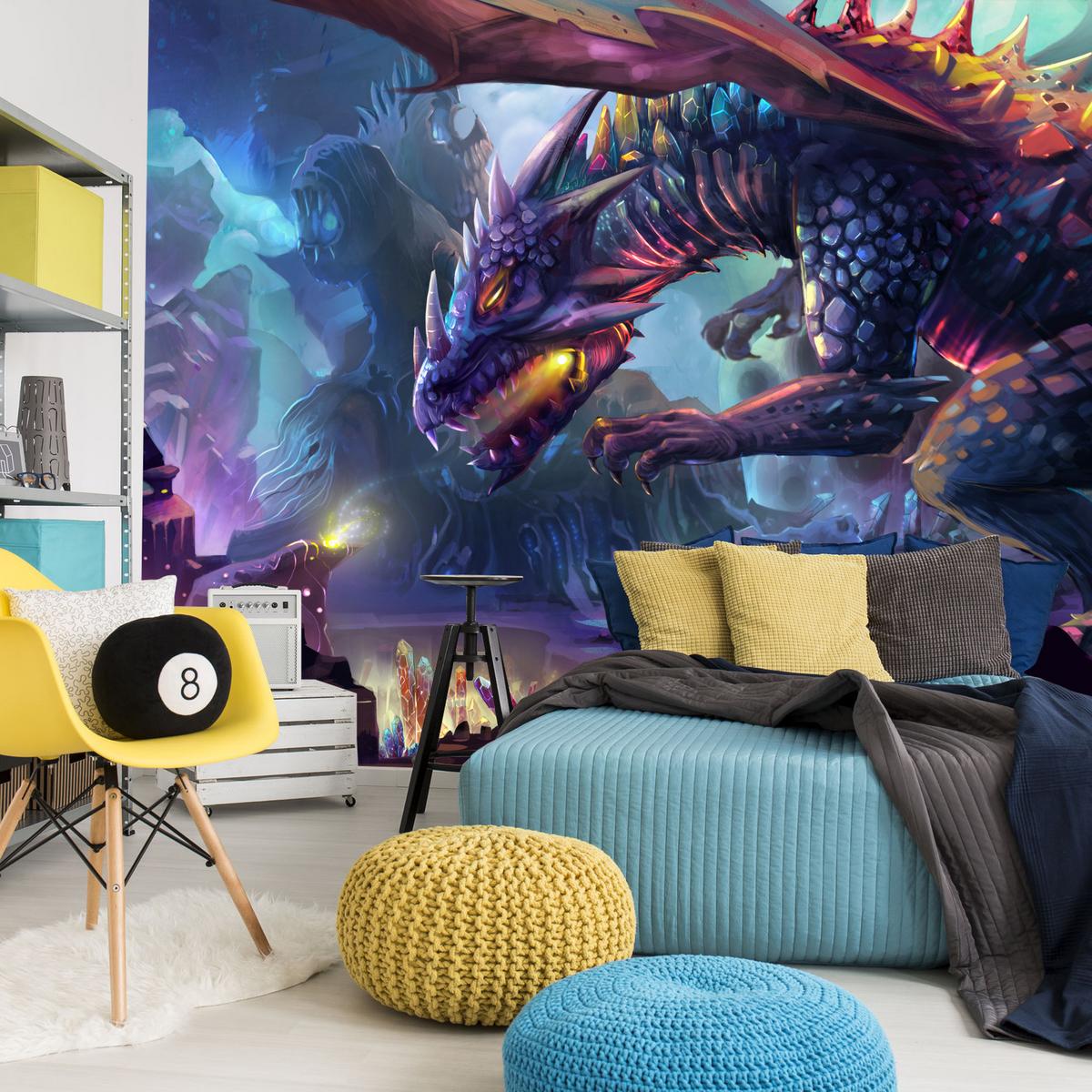 FOTOTAPETE für Jugendzimmer Fantastischer Drache Magische Welt Fantasy 350x256 - Türkis/Violett, Papier (350/256cm) - Muralo