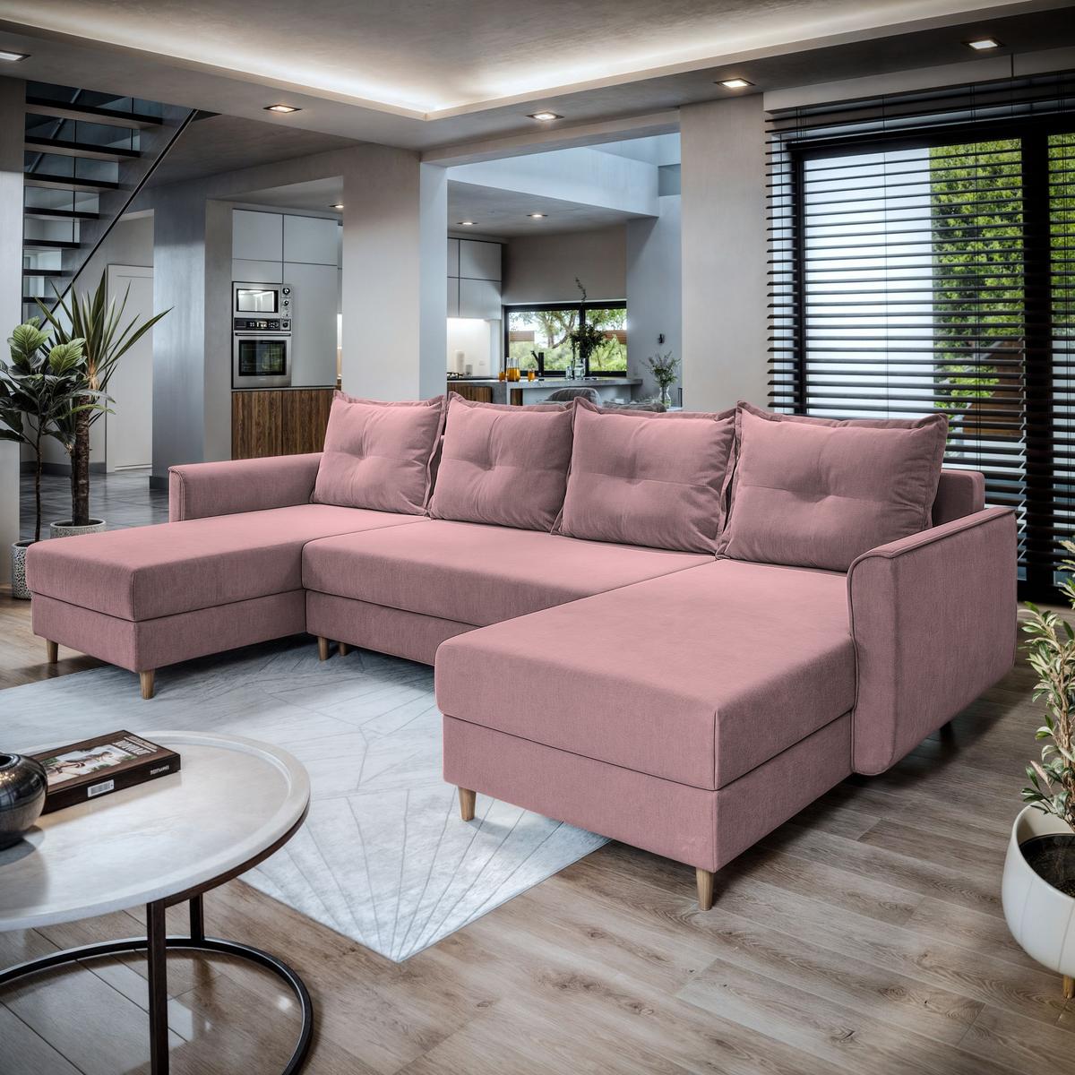 WOHNLANDSCHAFT VERNI Rosa Plüsch-Stoff mit Schlaffunktion - Rosa/Braun, Holz/Textil (285/91/143cm) - MASSENO