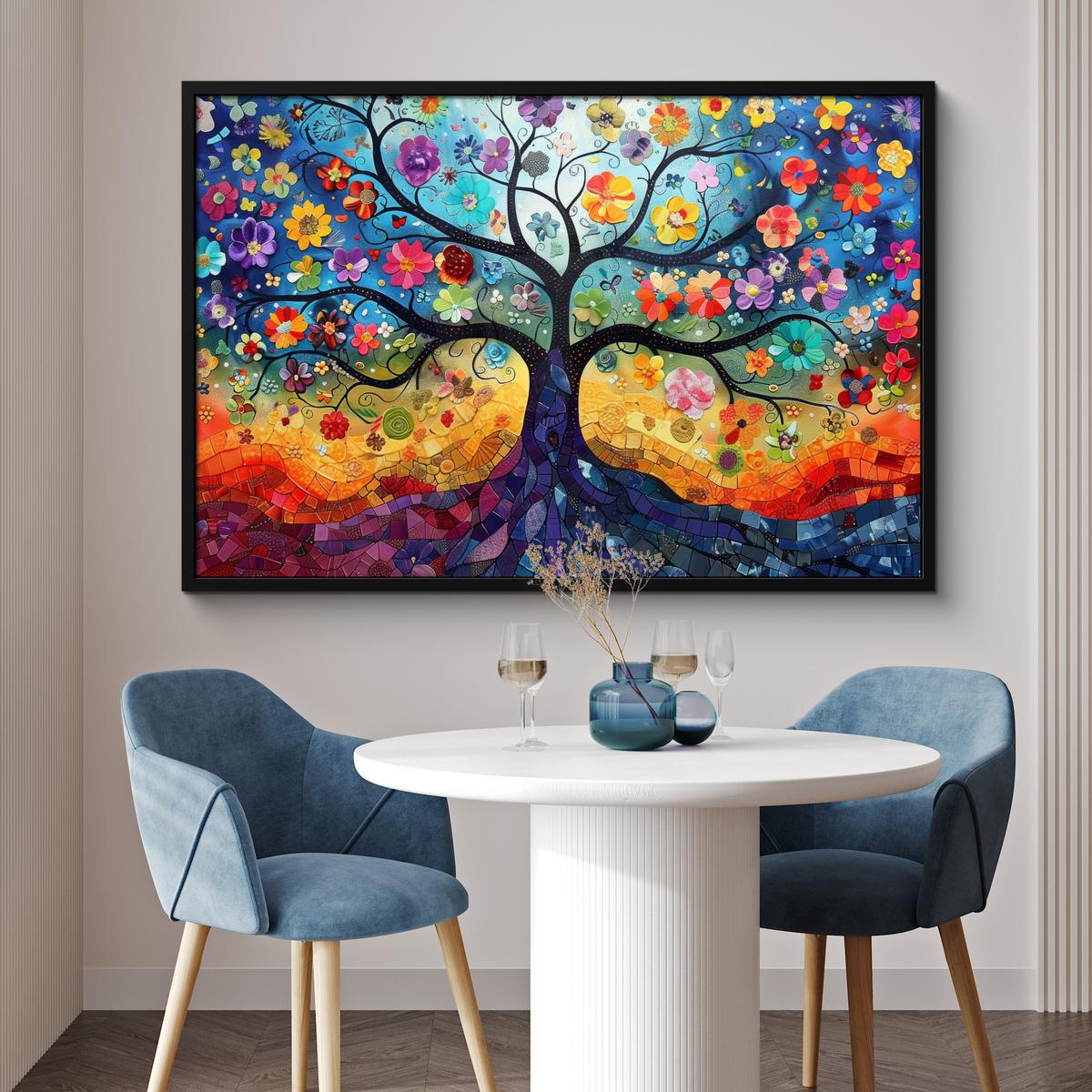 POSTER MIT RAHMENGERAHMTES BILD Kunst - Baum des Lebens - Blumen - Hippie 120x80 cm - Dunkelblau, Papier (120/80cm) - MuchoWow