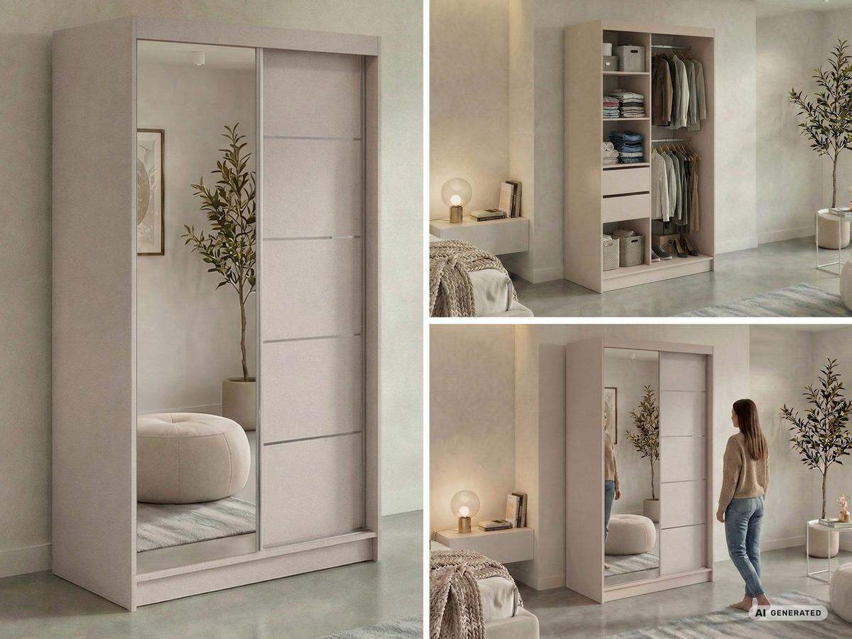 SCHWEBETÜRENSCHRANK mit Schubladen 120 - SKORIA - Kaschmir mit Spiegel - Kaschmir/Alufarben, Holzwerkstoff/Metall (120/216/61cm) - MKS