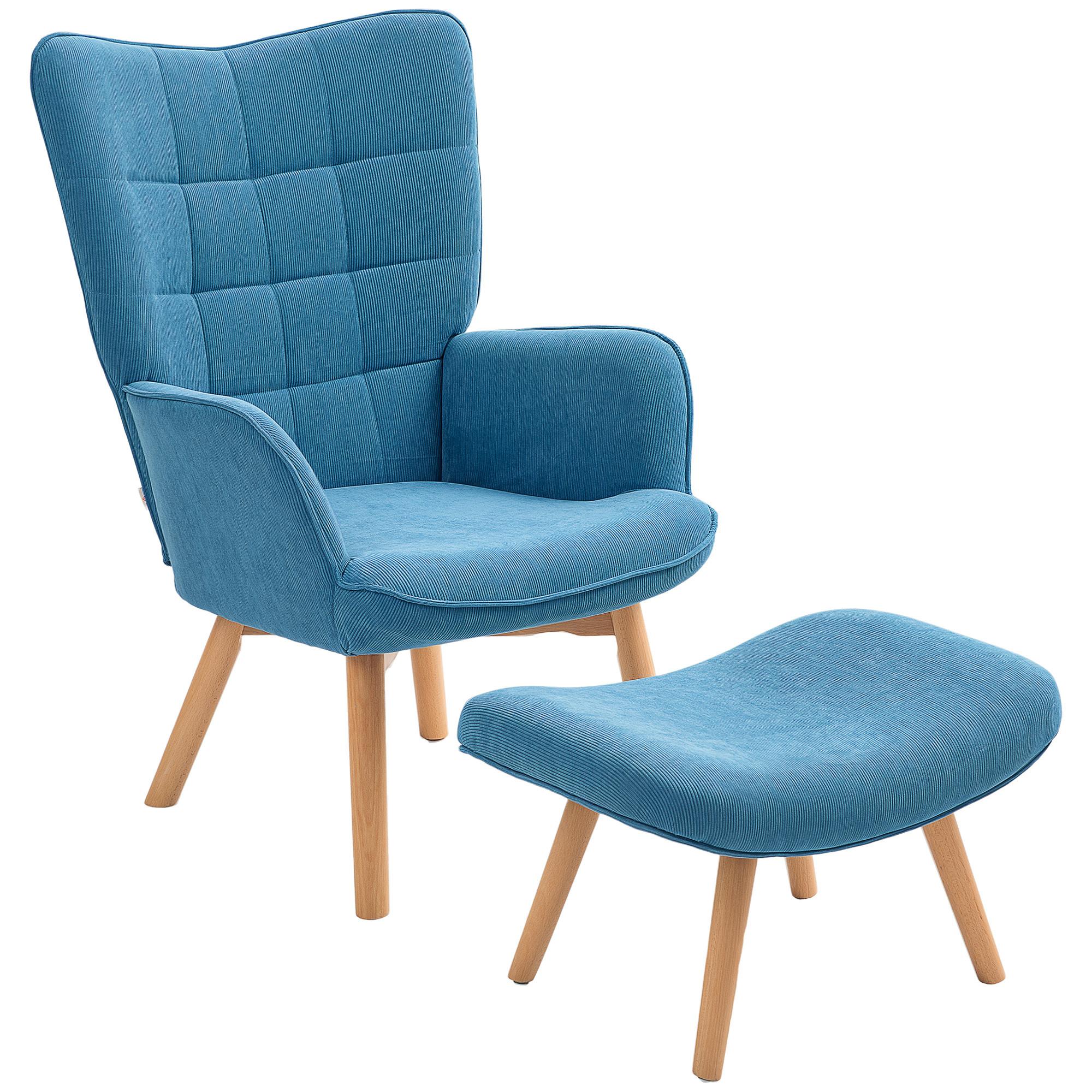 SESSEL mit Hocker, Ohrensessel mit Hoher Rückenlehne, Holzbeine, Cord, Blau - Blau/Buchefarben, Buchenholz/Textil (80/101/72cm) - HOMCOM