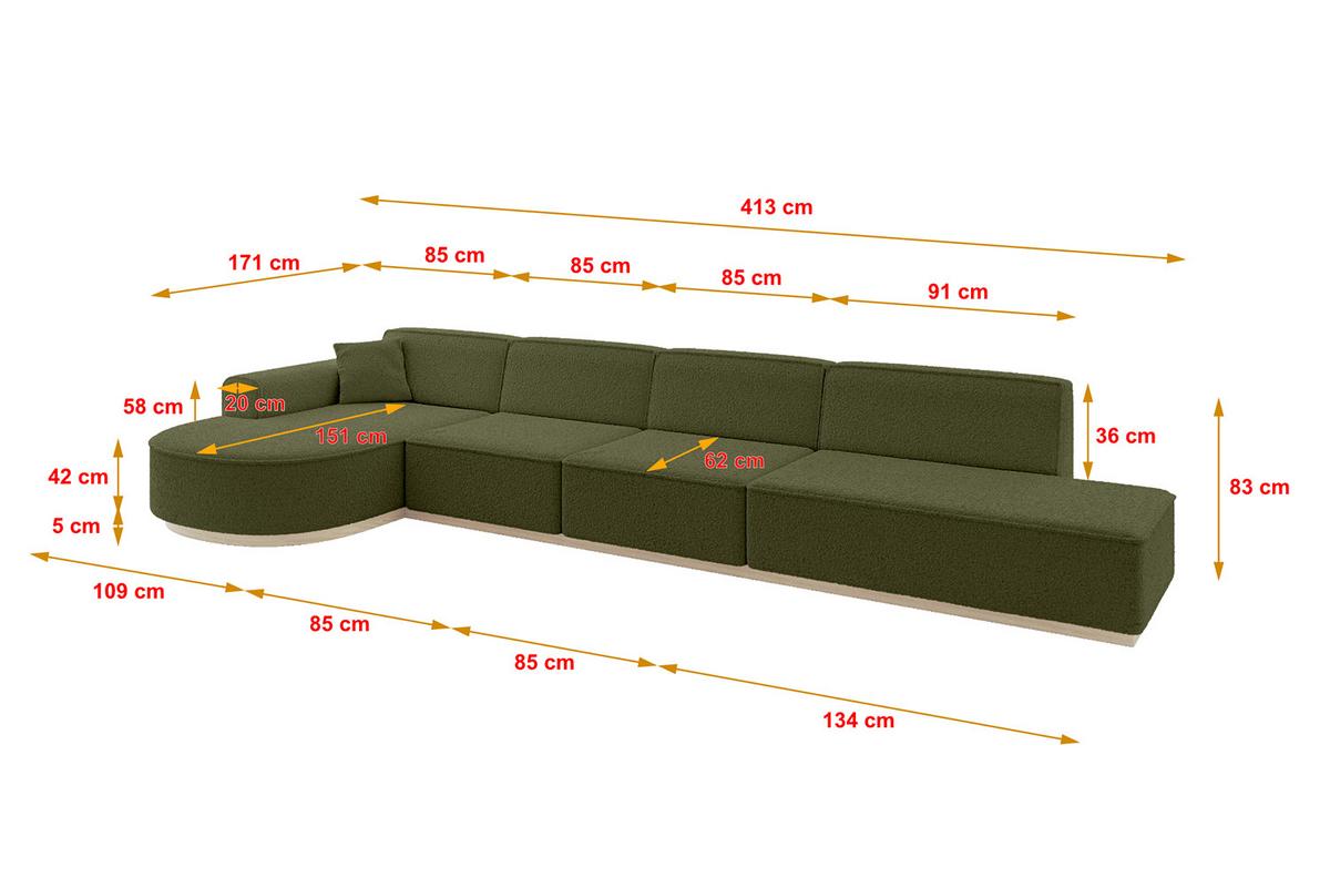 ECKSOFA Ottomane Links ARRIO-L3 - 413x171x83 cm Grün - Grün, Holzwerkstoff/Textil (413/171cm) - ALTDECOR
