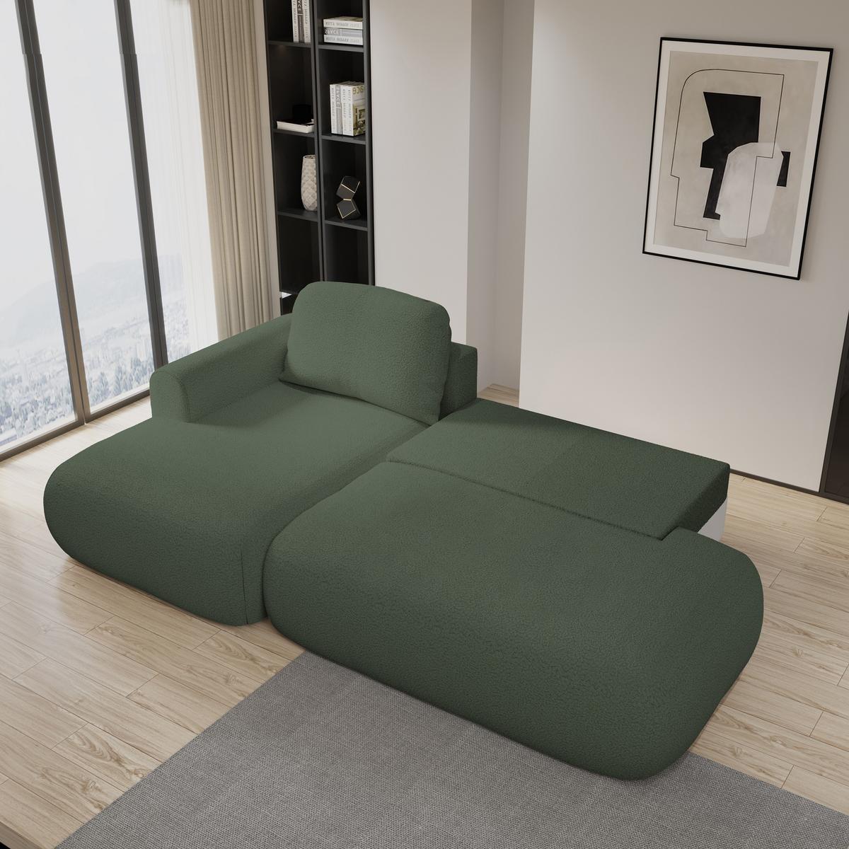 ECKSOFA NUVIRA L-S Grün Boucle-Stoff mit Schlaffunktion - Grün, Holz (279/158cm) - MASSENO
