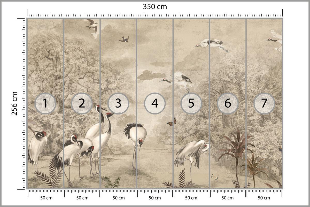 FOTOTAPETE für Schlafzimmer Retro Kraniche Wald Bäume Vögel 350x256 - Beige/Rot, Papier (350/256cm) - Muralo