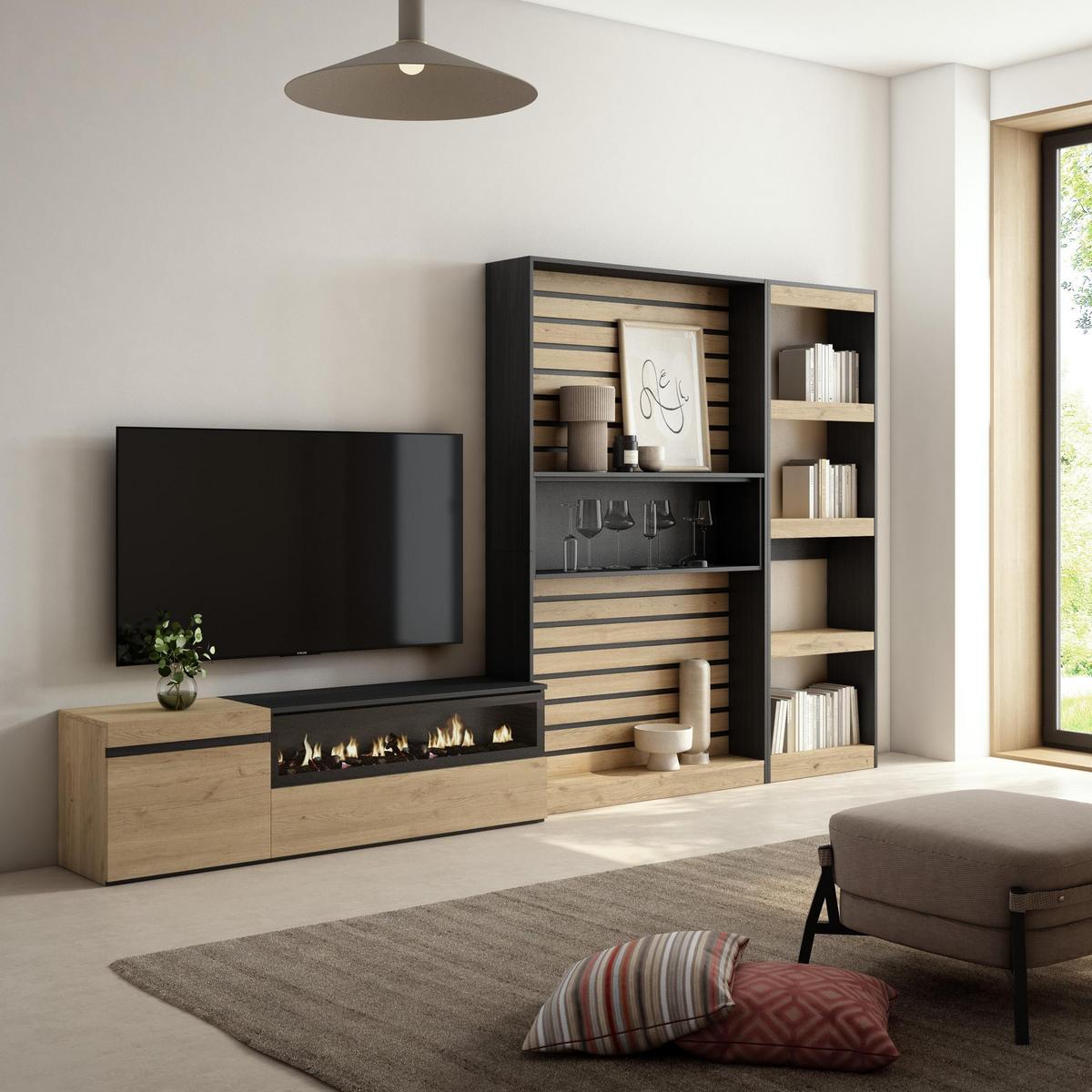 WOHNWAND Elektrokamin, eiche, schwarz, 320/35/186cm - Naturfarben, Holzwerkstoff (320/186/35cm) - Skraut Home