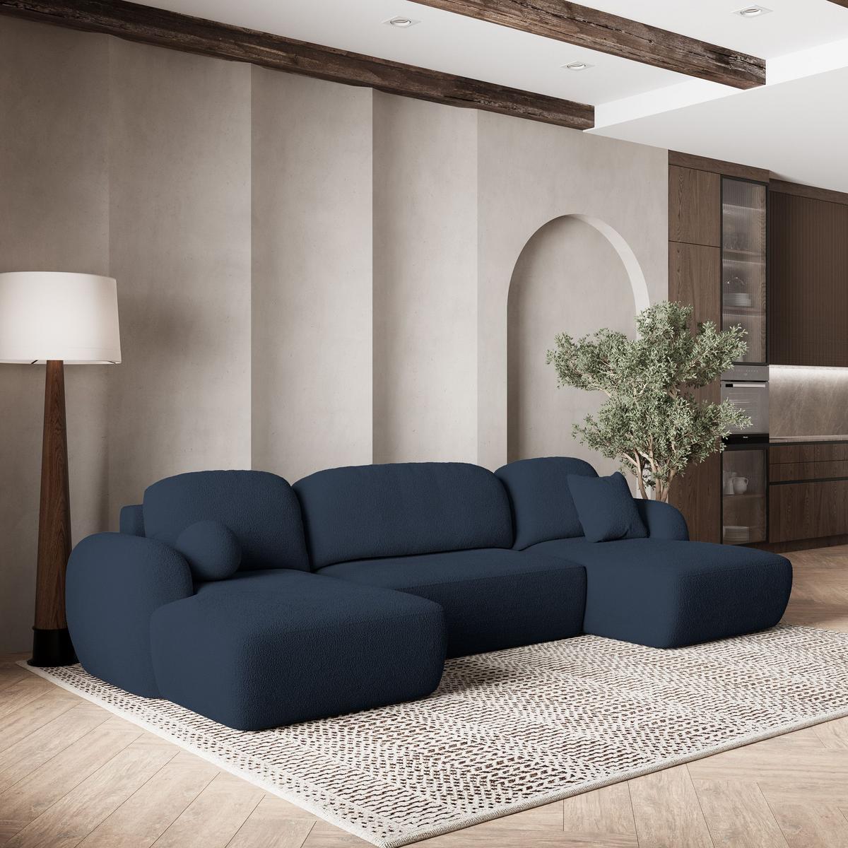 WOHNLANDSCHAFT SAVONA N Blau Boucle-Stoff mit Schlaffunktion - Blau/Schwarz, Holz/Kunststoff (320/90/148cm) - MASSENO