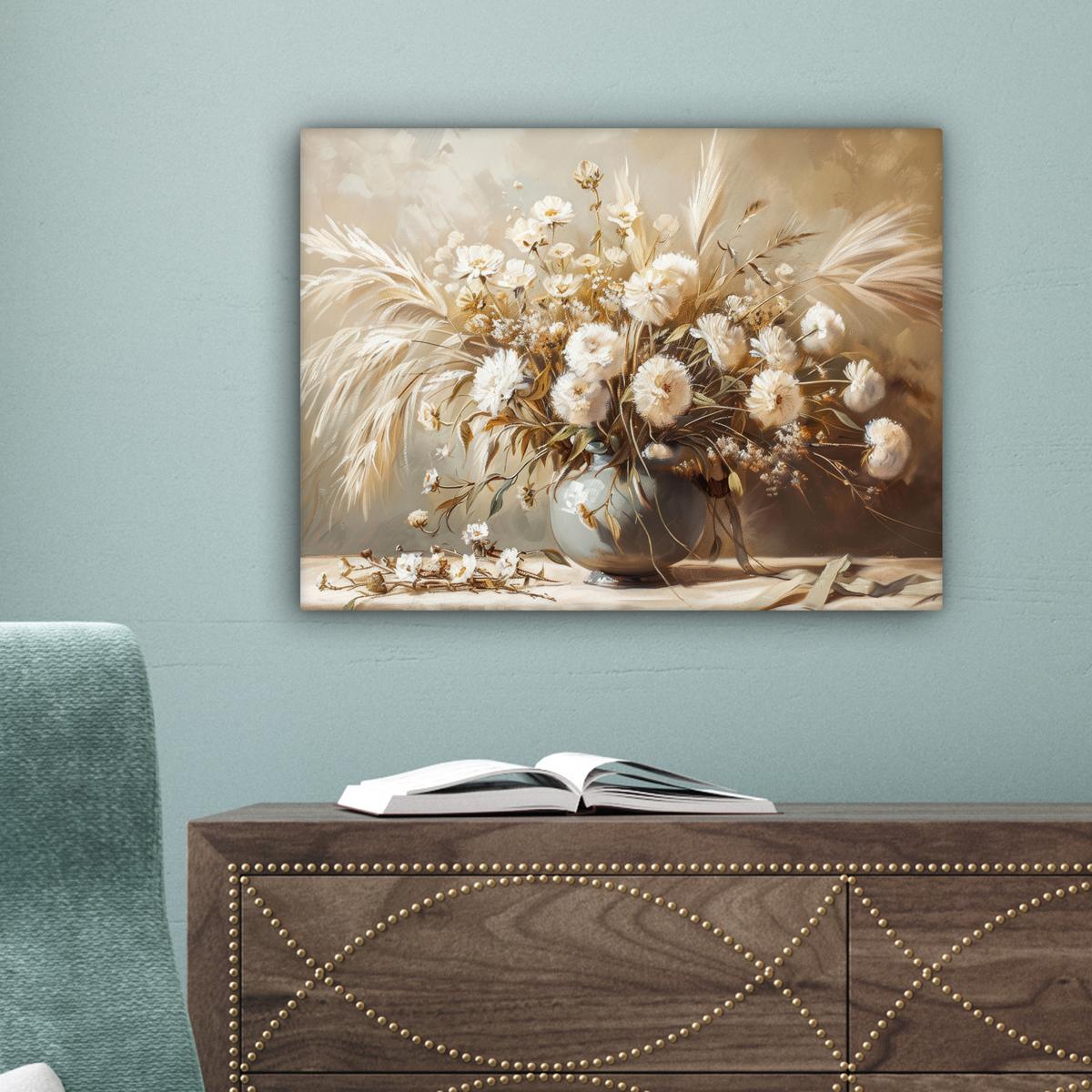 LEINWANDBILD Blumen - Vase - Stilleben - Beige Wandbild 40x30 cm - Creme, Textil (40/30cm) - MuchoWow