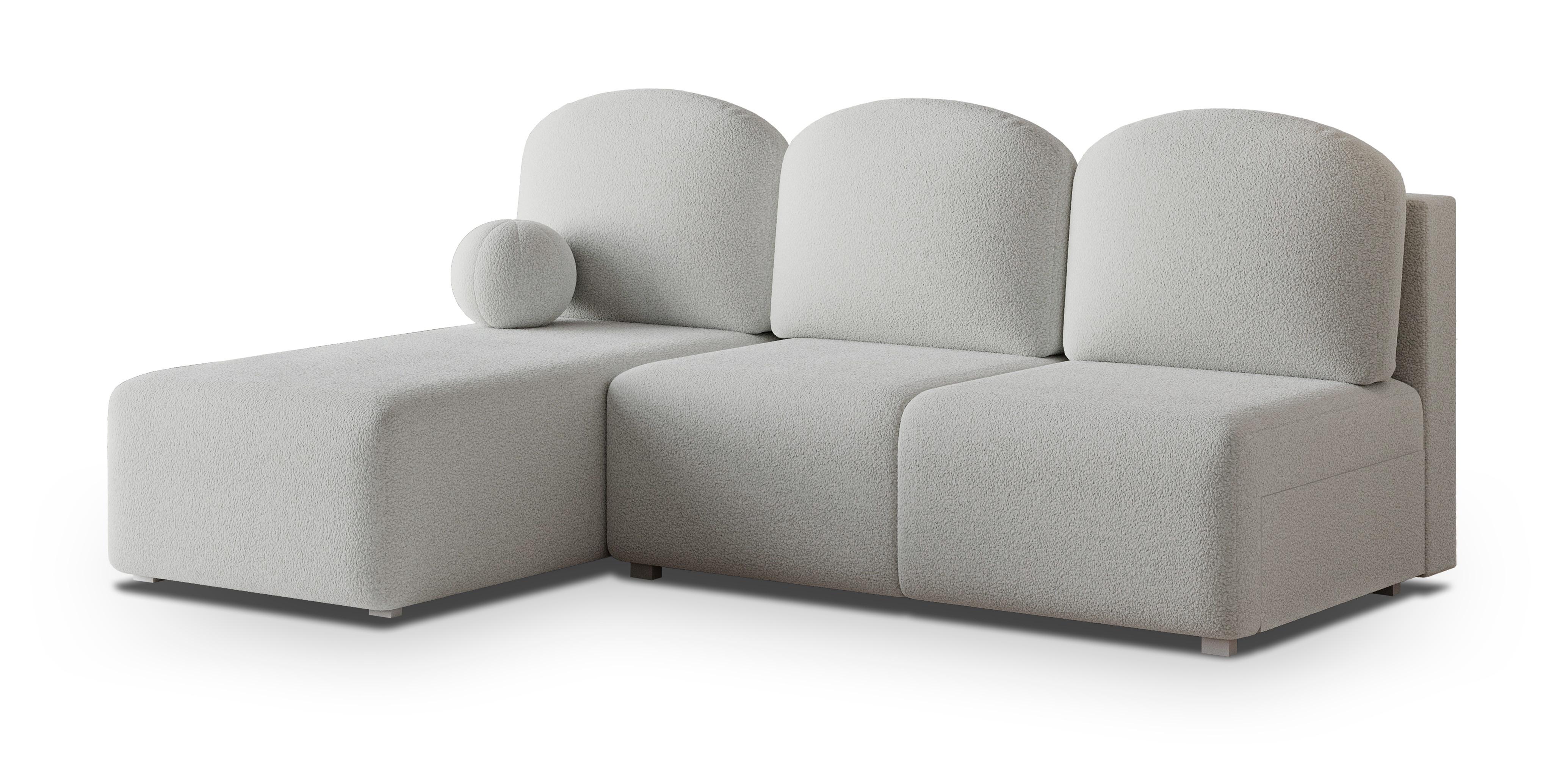 ECKSOFA TRAMA Hellgrau Boucle-Stoff mit Schlaffunktion - Hellgrau, Holz (200/143cm) - MASSENO