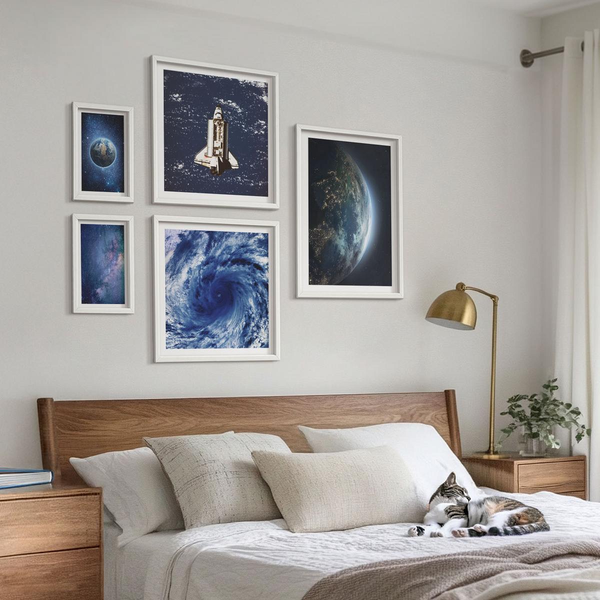 BILDER SET 5er Set - 50x50 cm & 20x30 cm & 40x60 cm Weißer Rahmen - Erde Weltraumsturm Galaxie - Weiß, Kunststoff (40/60cm) - TULUP