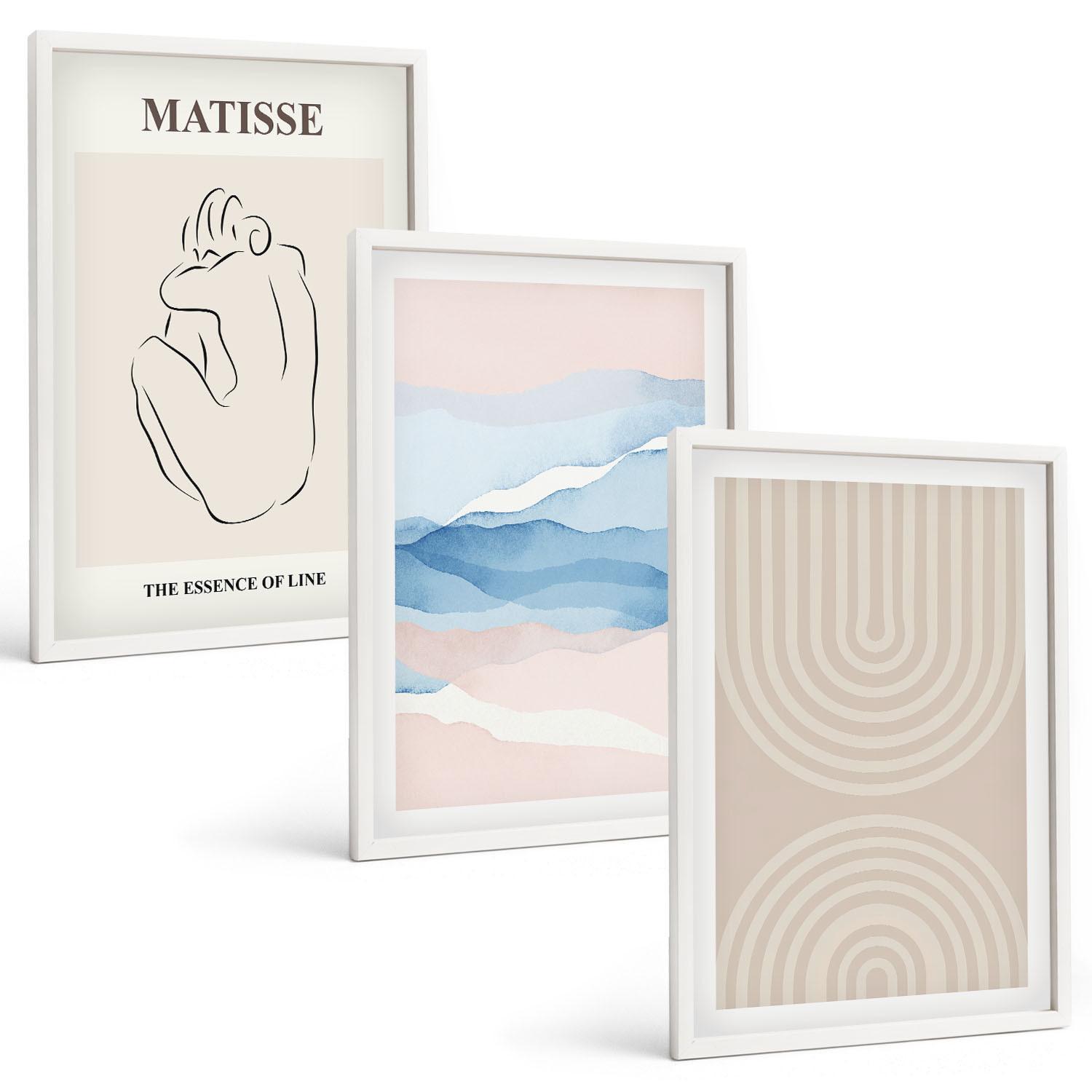 BILDER SET 3er Set - 40x60 cm Weißer Rahmen - Linien, Wellen, pastellfarbener Minimalismus - Weiß, Kunststoff (40/60cm) - TULUP