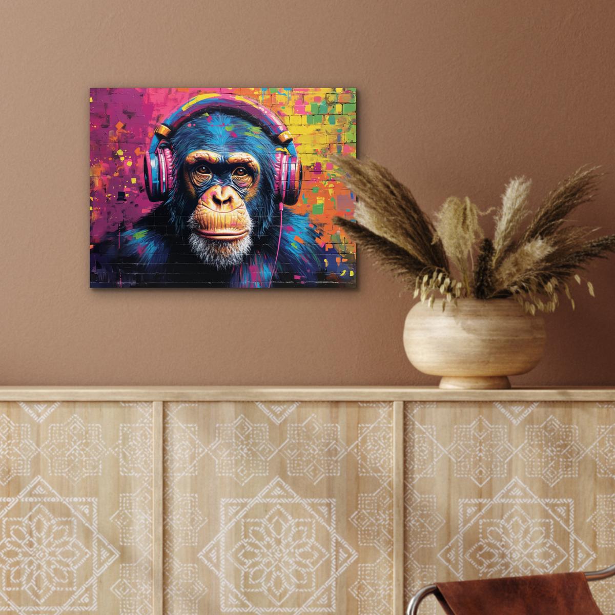 METALLBILD Graffiti - Schimpanse - Straßenkunst - Kopfhörer - Affe 40x30 cm - Blau, Metall (40/30cm) - MuchoWow