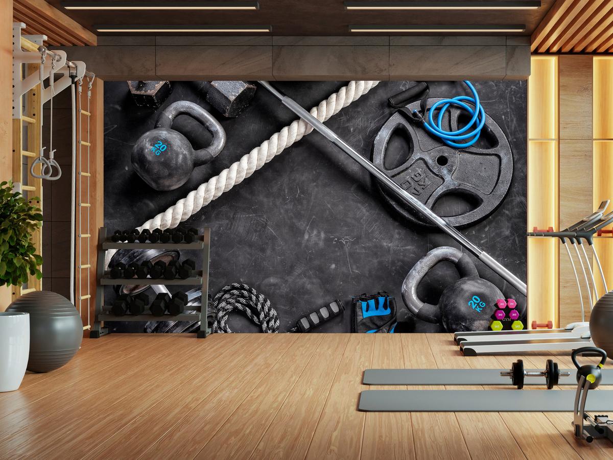 FOTOTAPETE für Fitnessstudio Sportgeräte zum Trainieren Kettlebells Hanteln 150x105 - Blau/Creme, Papier (150/105cm) - Muralo