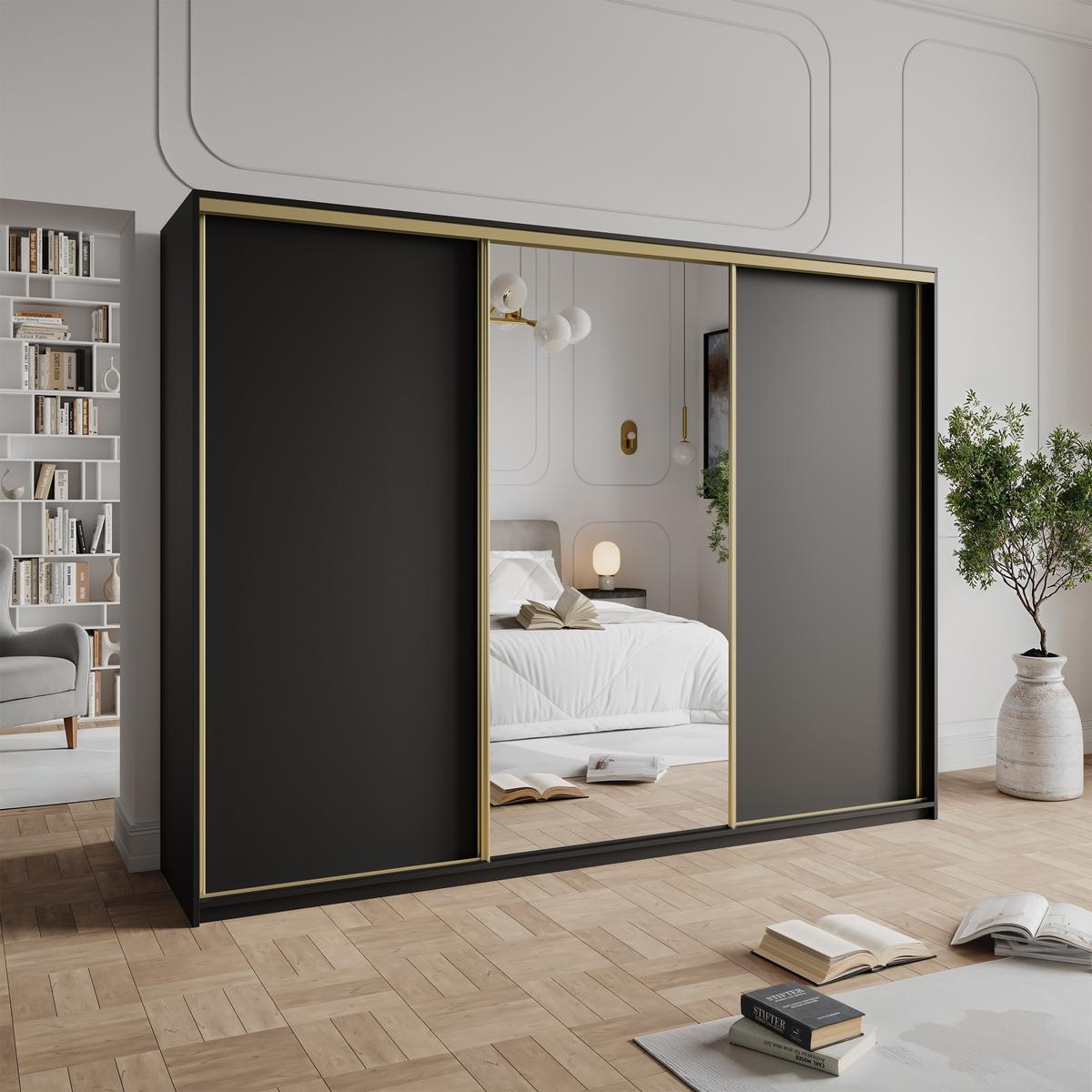 SCHWEBETÜRENSCHRANK TAVI 250/205/60 cm 3-türig mit Spiegel und Schubladen Schwarz - Goldfarben/Schwarz, Holzwerkstoff (250/205/60cm) - MASSENO