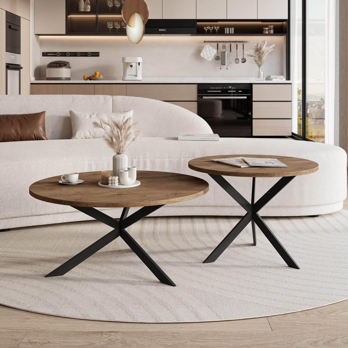 COUCHTISCH rund auf MDF, Lefkas Eiche - Schwarz/Braun, Holzwerkstoff (75/75/36cm) - Idohome