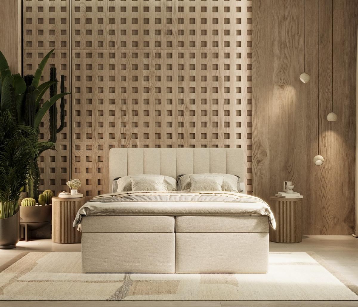 BOXBETT Amaro 140/200 cm Hellbeige im Megan Stoff - Sandfarben/Schwarz, Holz/Holzwerkstoff (140/200cm) - AltaBeds