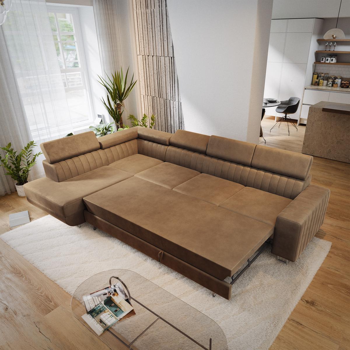 ECKSOFA HESTION Beige Velours-Stoff mit Schlaffunktion - Beige, Holz (332/190cm) - MASSENO