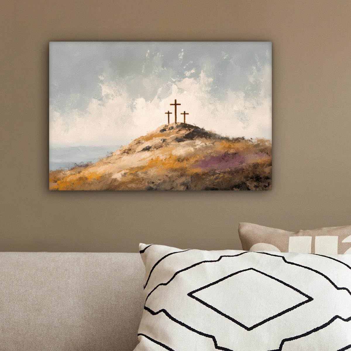 LEINWANDBILD Hügel - Abstrakt - Christentum - Kreuz Deko Schlafzimmer 30x20 cm - Hellgrau, Textil (30/20cm) - MuchoWow