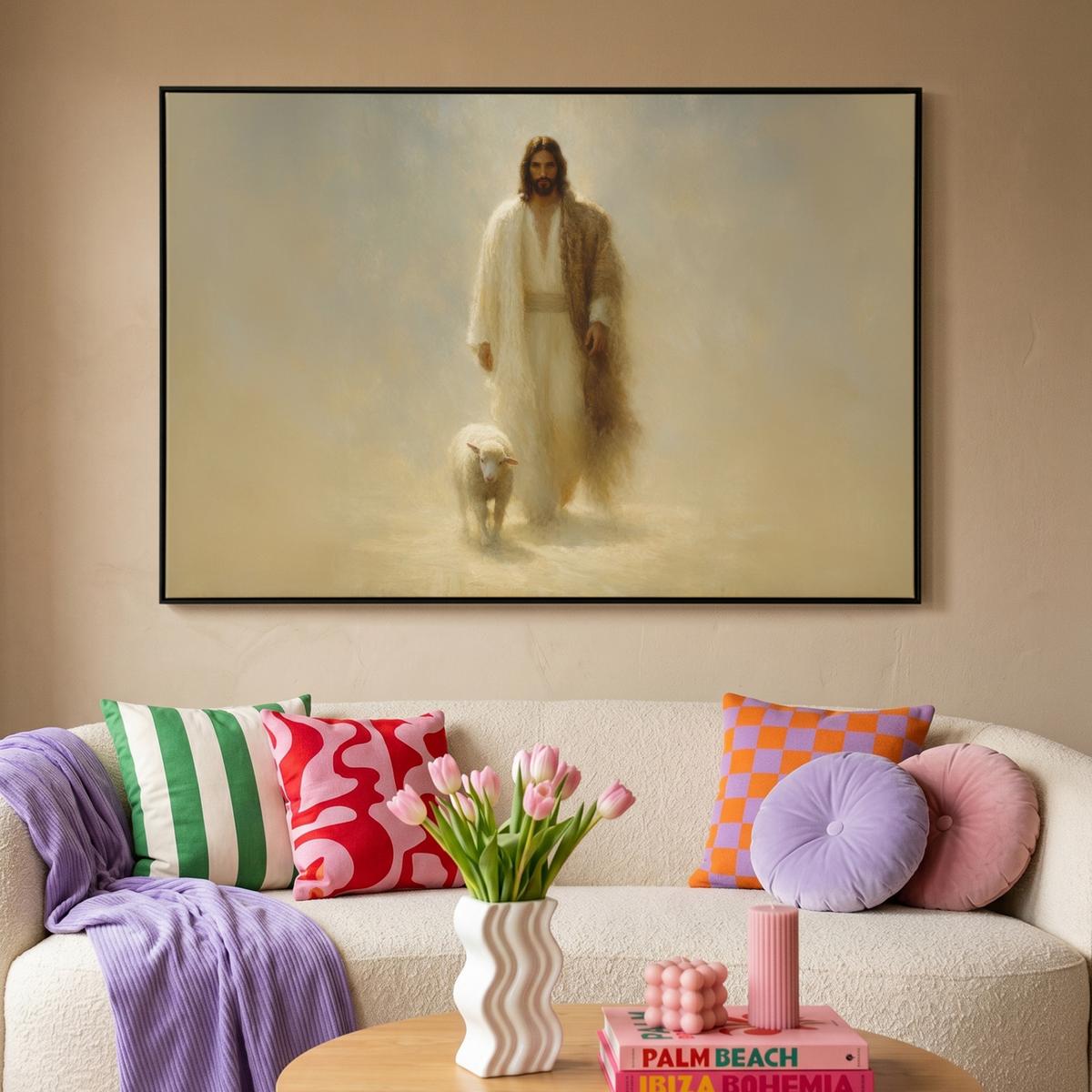 LEINWAND Bilder mit Rahmen - Schaf - Jesus - Pinselstriche - Abstrakt - 120x80 - Beige, Textil (120/80cm) - MuchoWow