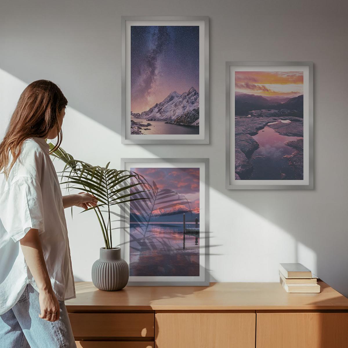 BILDER SET 3er Set - 40x60 cm Silberner Rahmen - Berge, Wasser, wunderschöne Landschaften - Silberfarben, Kunststoff (40/60cm) - TULUP
