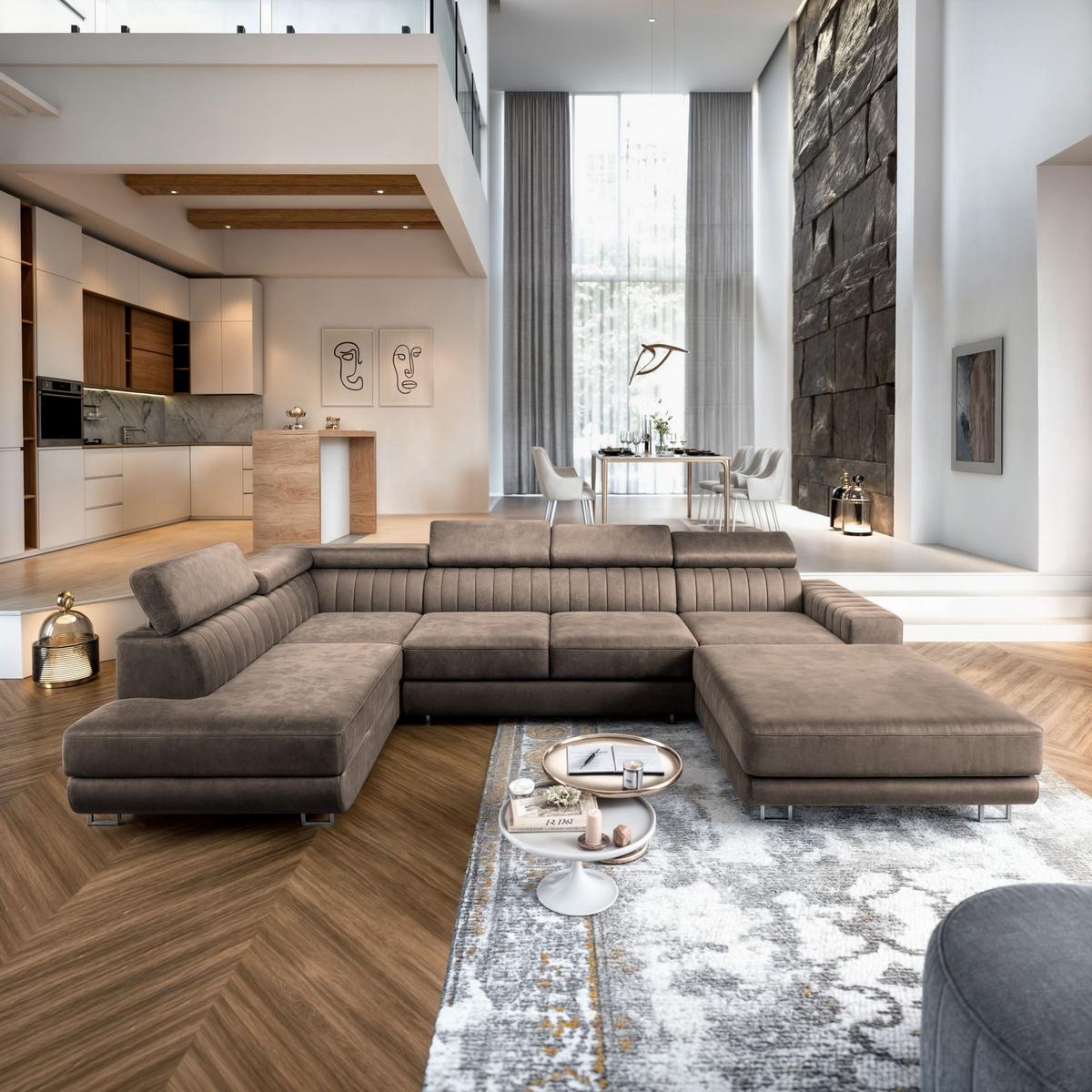 WOHNLANDSCHAFT SIENA L-S Beige Velours-Stoff mit Schlaffunktion - Beige/Silberfarben, Holz/Textil (335/89/190cm) - MASSENO