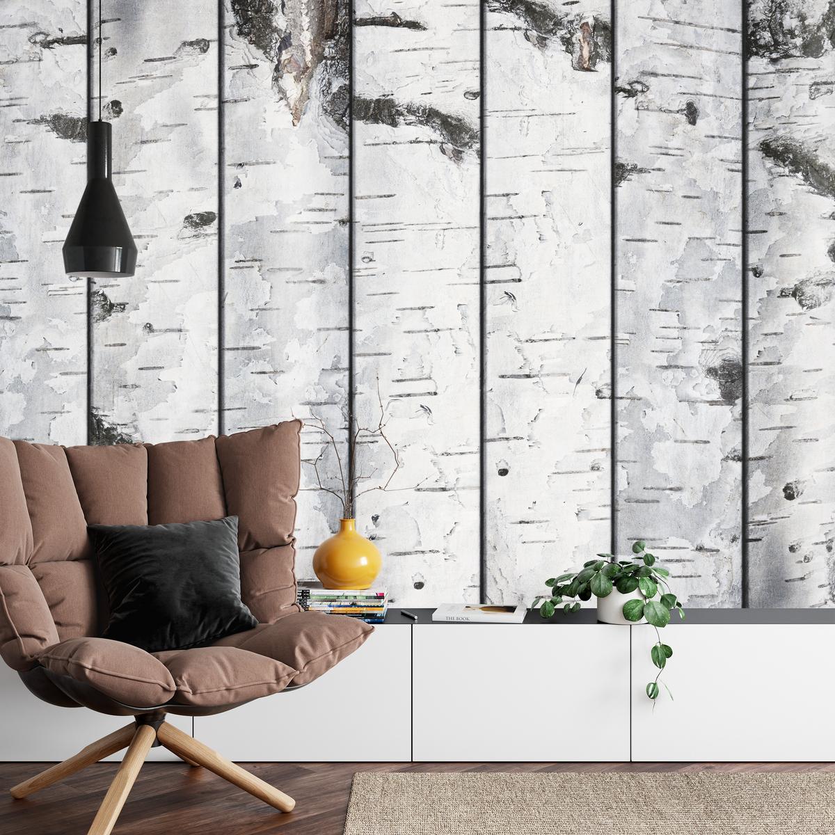FOTOTAPETE für Schlafzimmer Birkenrinden Imitation Weiß Baum 300x210 - Schwarz/Weiß, Papier (300/210cm) - Muralo