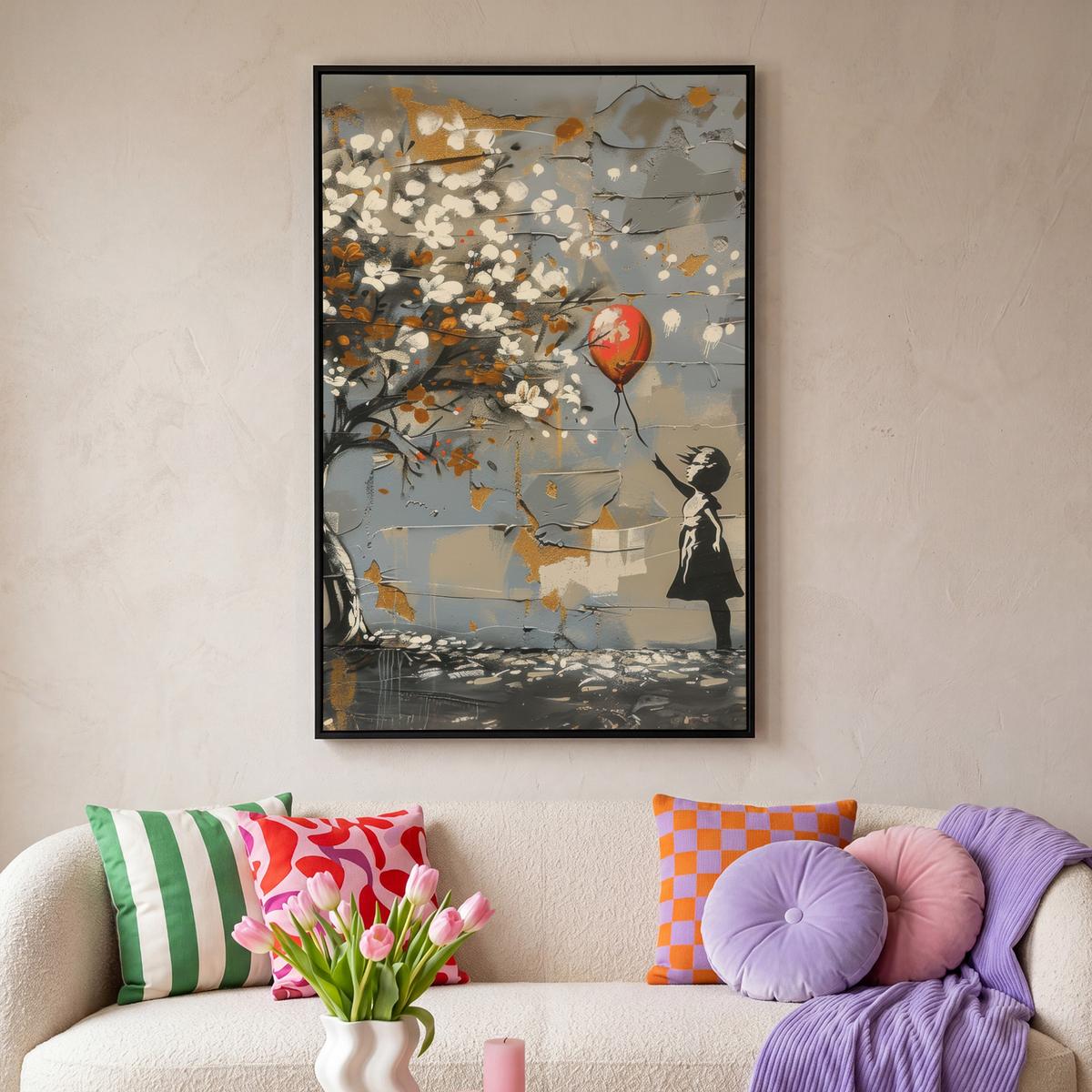 LEINWAND Bilder mit Rahmen - Baum - Graffiti - Banksy-Stil - Ballon-Mädchen - 80x120 - Blaugrau, Textil (80/120cm) - MuchoWow