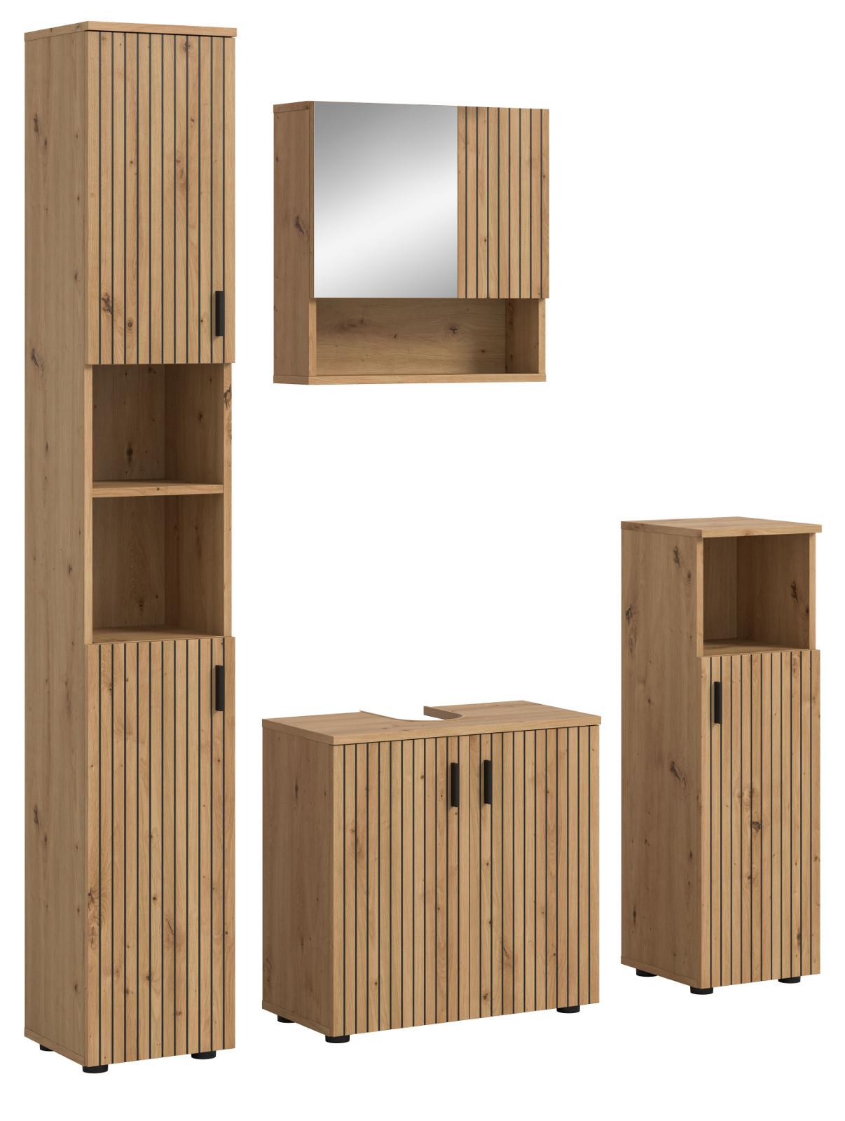 BADMÖBEL-SET Eiche Artisan 4-teilig 150 cm, Badkombination mit viel Stauraum - Schwarz/Eiche Artisan, Glas/Holzwerkstoff (150/192/30cm) - Inn.Furn