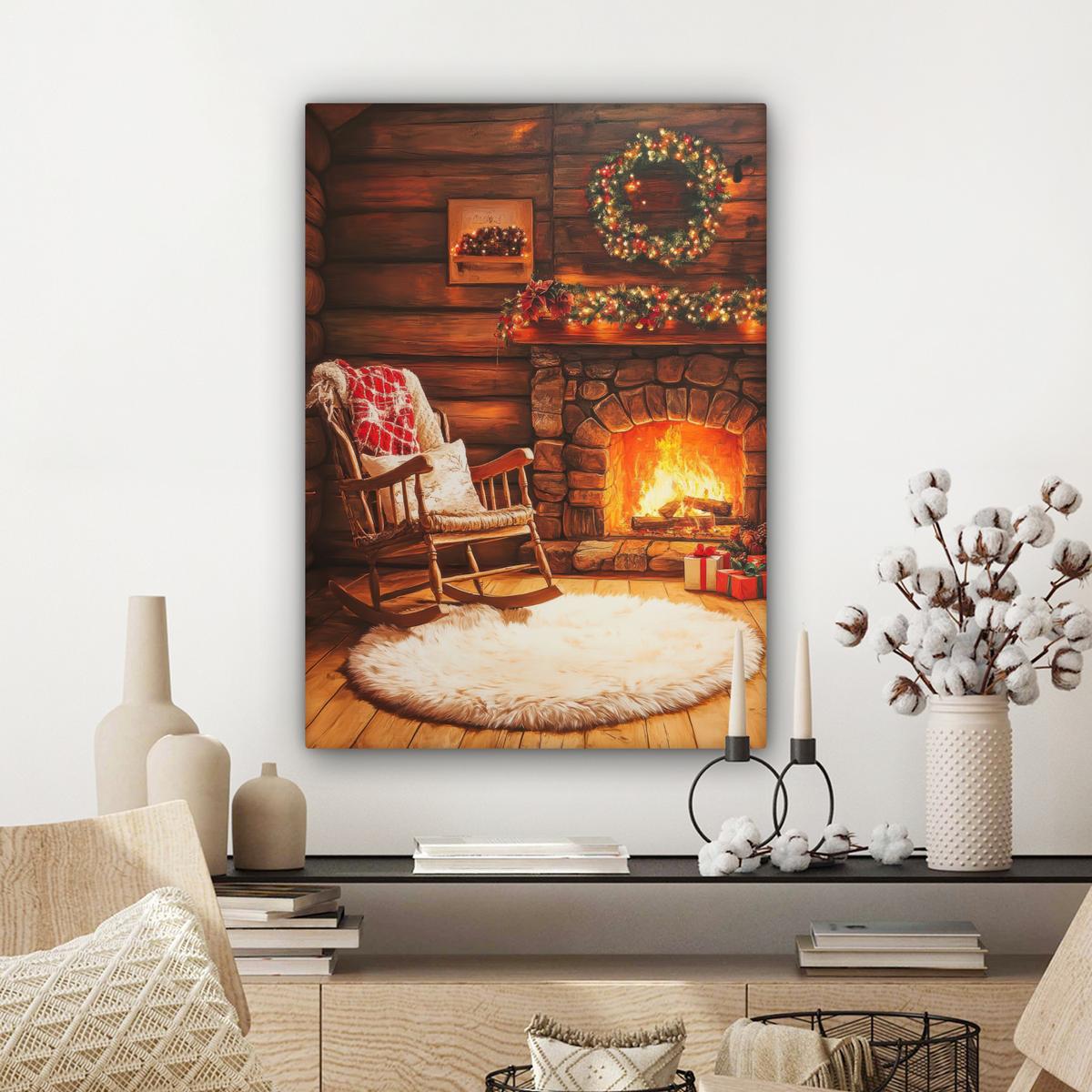 LEINWANDBILD Winter - Weihnachten - Zuhause - Kamin Wandbild Wohnzimmer 60x80 cm - Bernsteinfarben, Textil (60/80cm) - MuchoWow