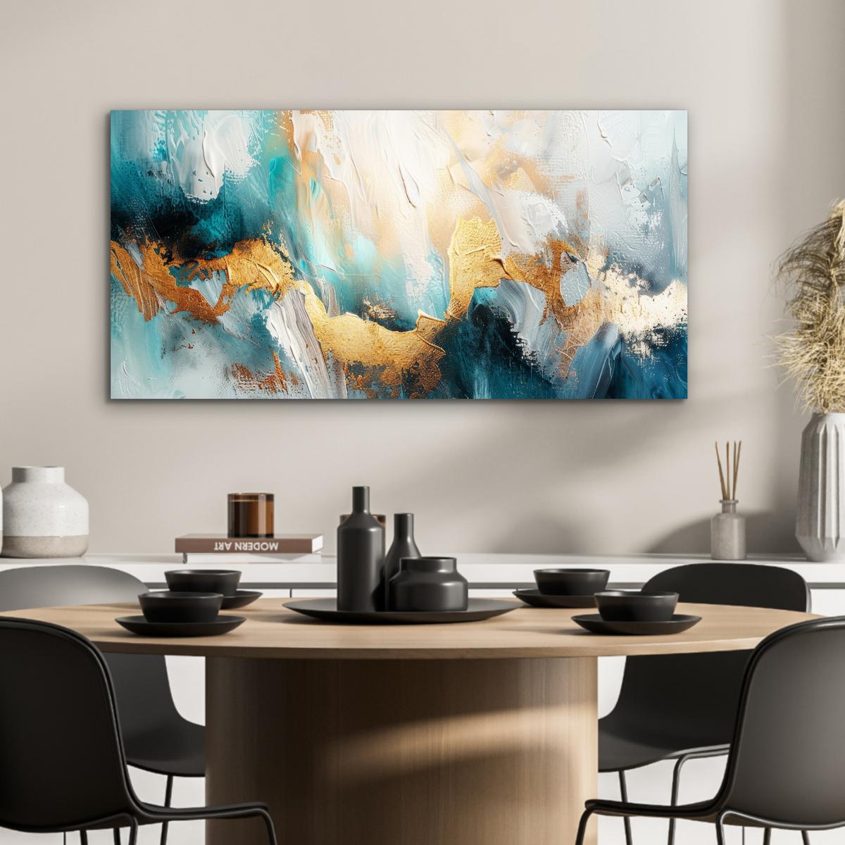 METALLBILD Abstrakt - Kunst - Gold - Blau 80x40 cm - Petrol, Metall (80/40cm) - MuchoWow