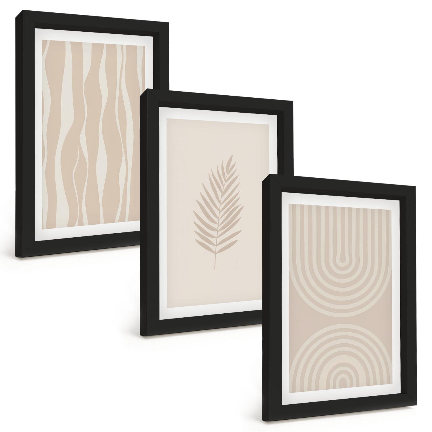 BILDER SET 3er Set - 20x30 cm Schwarzer Rahmen - Beige Pflanzenmuster - Schwarz, Kunststoff (20/30cm) - TULUP