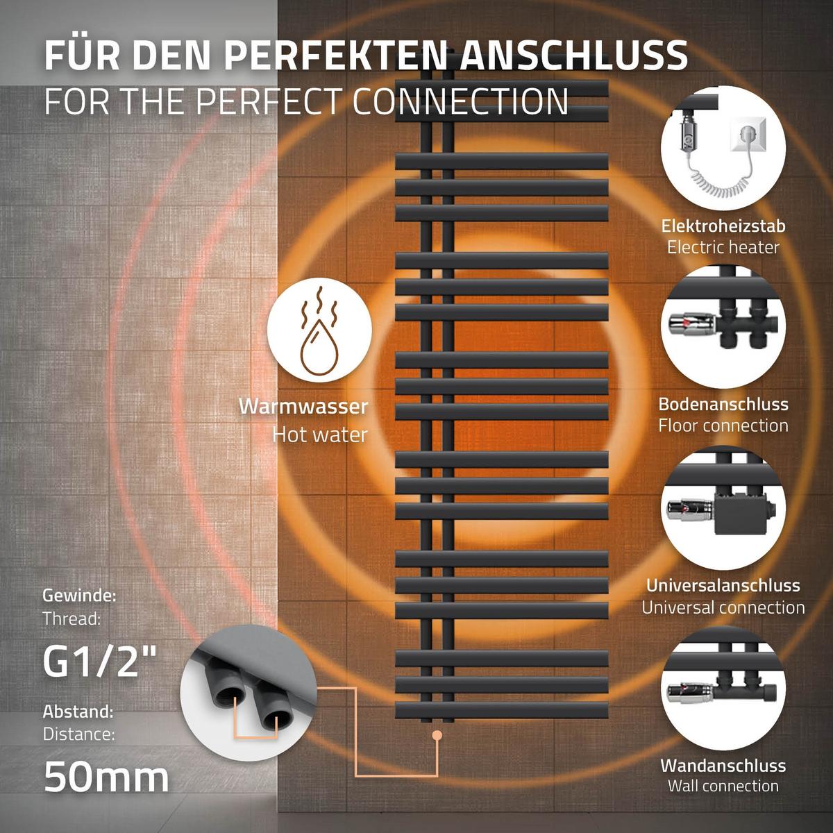 BADHEIZKÖRPER elektrisch Iron EM 500x1600 mm Anthrazit mit Heizstab 1200W - Anthrazit, Metall (50/160/3cm) - LuxeBath