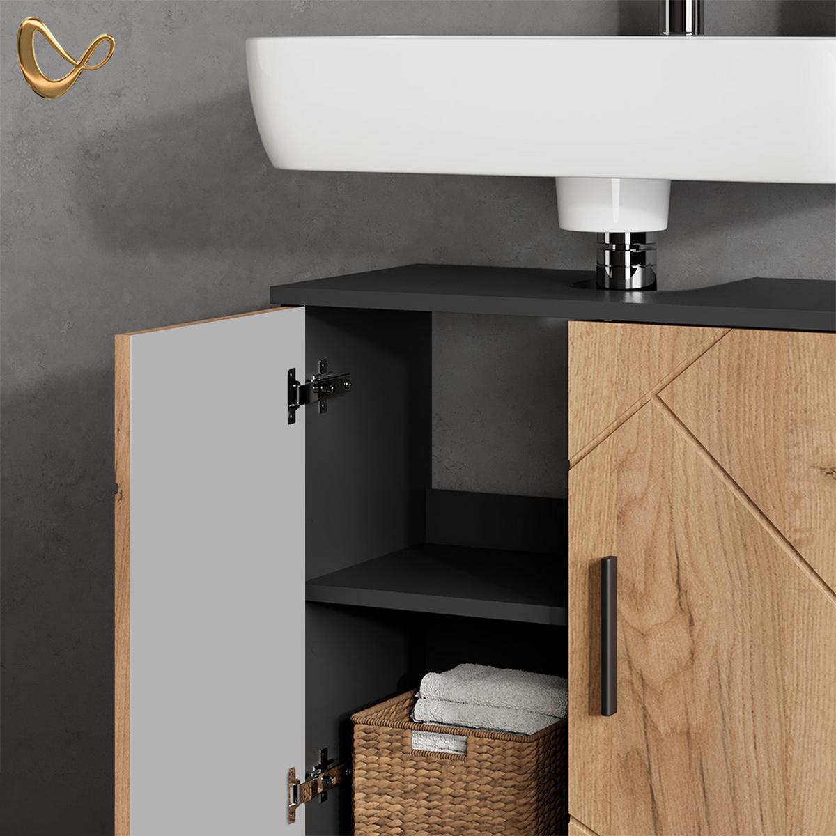 BADMÖBEL-SET Ronco Goldkraft Eiche/Anthrazit 2 Teile, Unterschrank 60 cm - Honigeiche/Anthrazit, Holzwerkstoff (60/59/30cm) - Livinity®