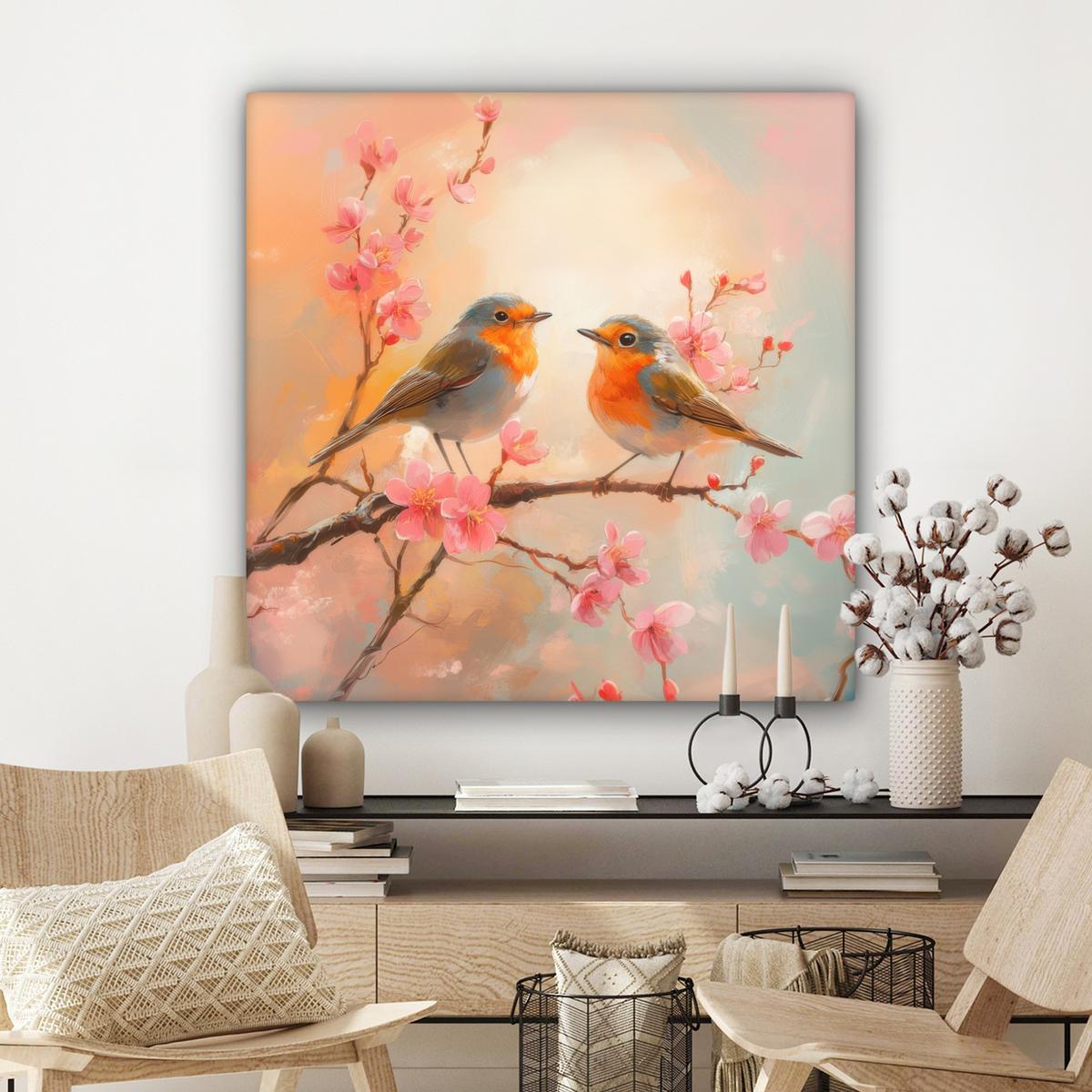 LEINWANDBILD Rotkehlchen - Zierpflanze - Blütenzweig Deko Groß 90x90 cm - Hellrosa, Textil (90/90cm) - MuchoWow