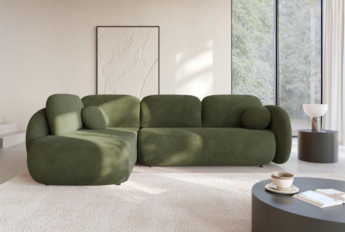 ECKSOFA AMICO II L-S Grün Geflochtener Stoff mit Schlaffunktion - Grün, Holz (289/190cm) - MASSENO
