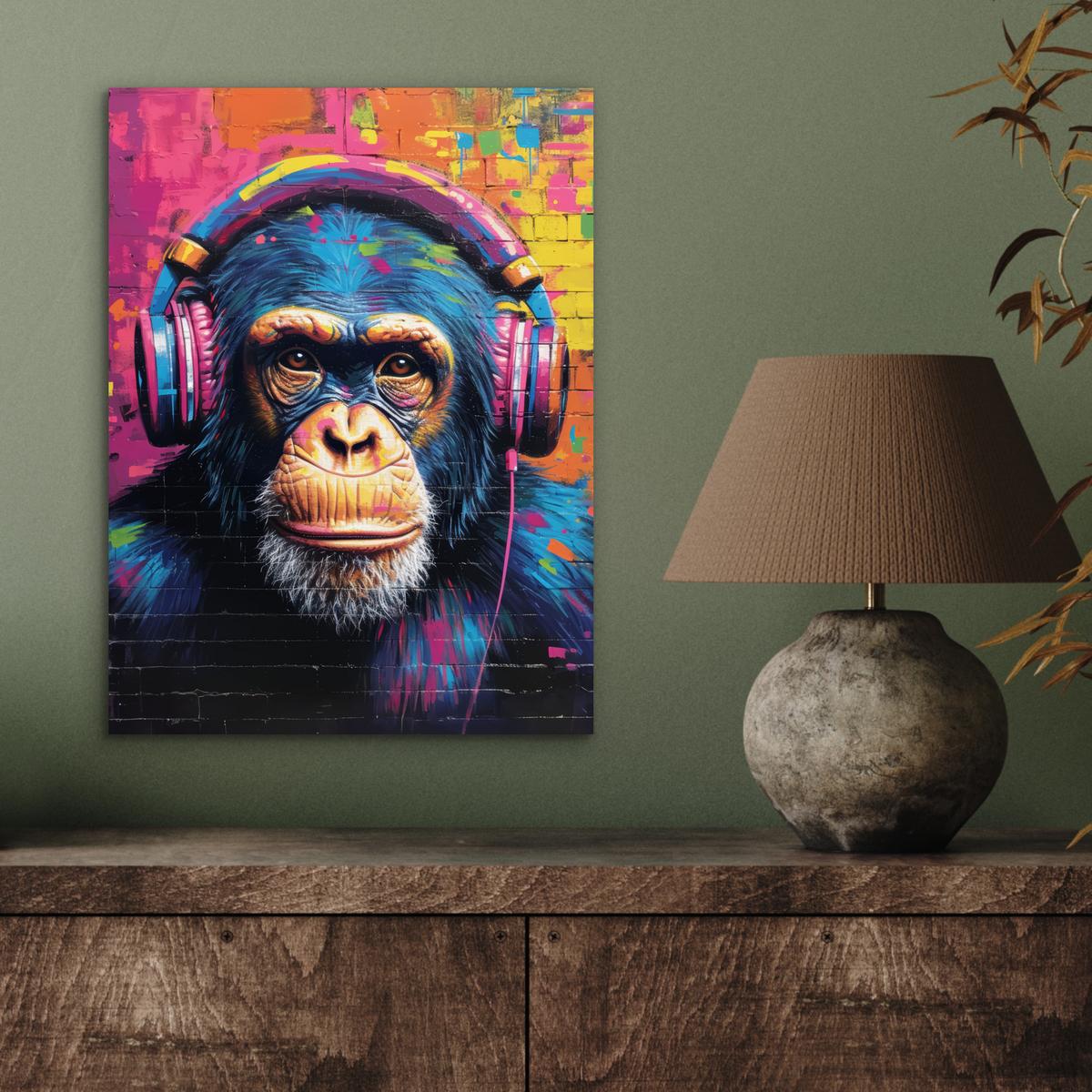 METALLBILD Graffiti - Schimpanse - Straßenkunst - Kopfhörer - Affe 30x40 cm - Blau, Metall (30/40cm) - MuchoWow