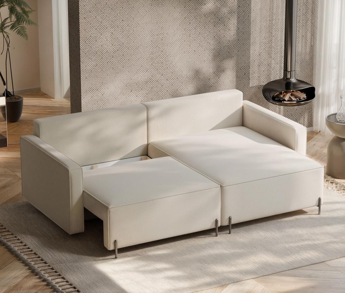 ECKSOFA LEO Rechts, mit Schlaffunktion und Bettkasten, Creme - Creme, Textil/Metall (229/148cm) - Idohome