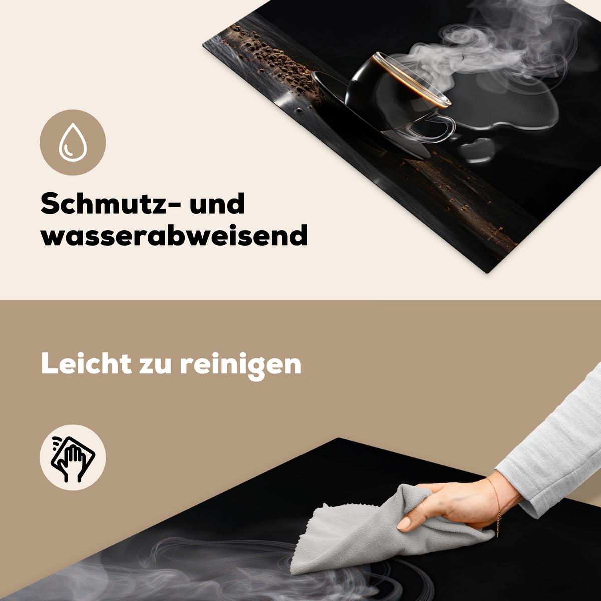 HERDABDECKPLATTE Kaffee - Schwarz - Bohnen - Heiß - Tasse Herdabdeckung Induktionsfeld 70x52 cm - Schwarz, Kunststoff (70/52/0.2cm) - MuchoWow