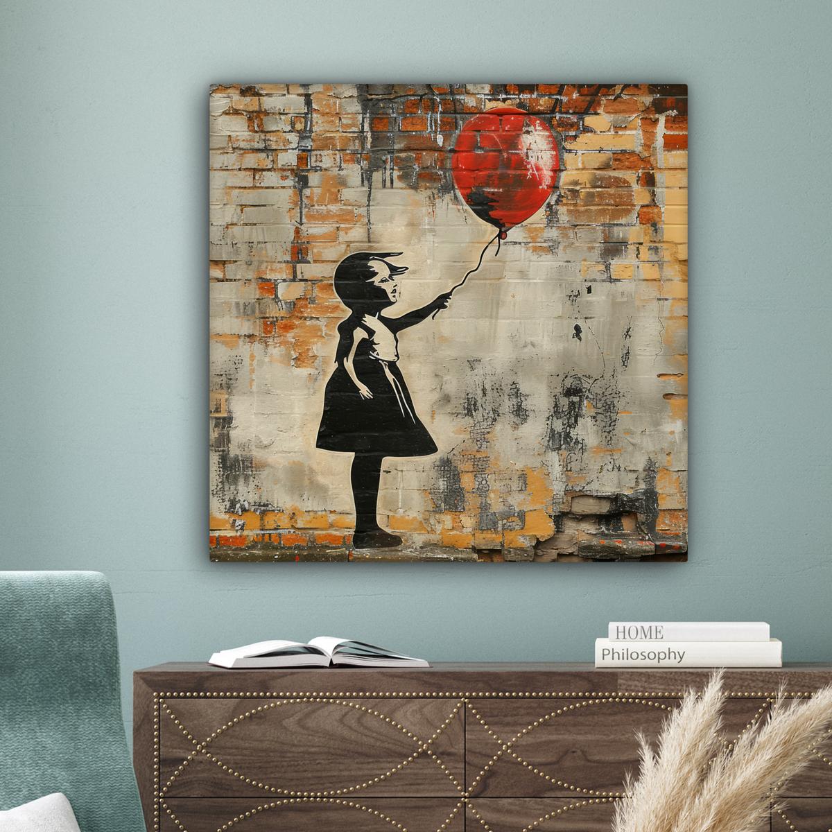 LEINWANDBILD Graffiti - Banksy - Mädchen - Straßenkunst Deko Groß 90x90 cm - Sandfarben, Textil (90/90cm) - MuchoWow