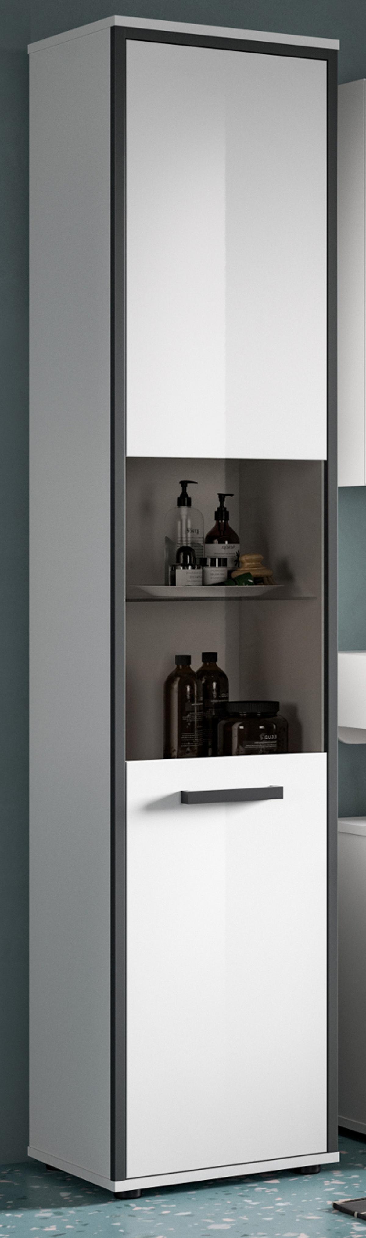 HOCHSCHRANK weiß Hochglanz, grau 40 x 185 cm, Badschrank mit 6 Fächern - Weiß Hochglanz/Schwarz, Glas/Holzwerkstoff (40/188/34cm) - Inn.Furn