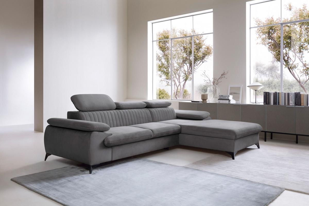 ECKSOFA FIORE Grau Velours-Stoff mit Schlaffunktion - Grau, Holz (280/193cm) - MASSENO