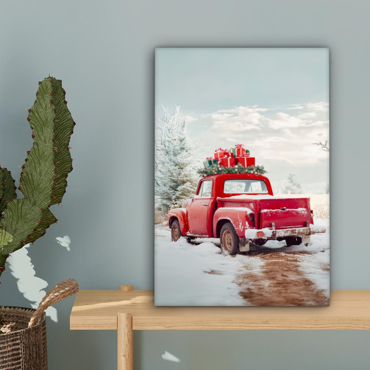 LEINWANDBILD Auto - Rot - Geschenke - Winter - Schnee - Weihnachten Deko Wohnzimmer 20x30 cm - Rot, Textil (20/30cm) - MuchoWow